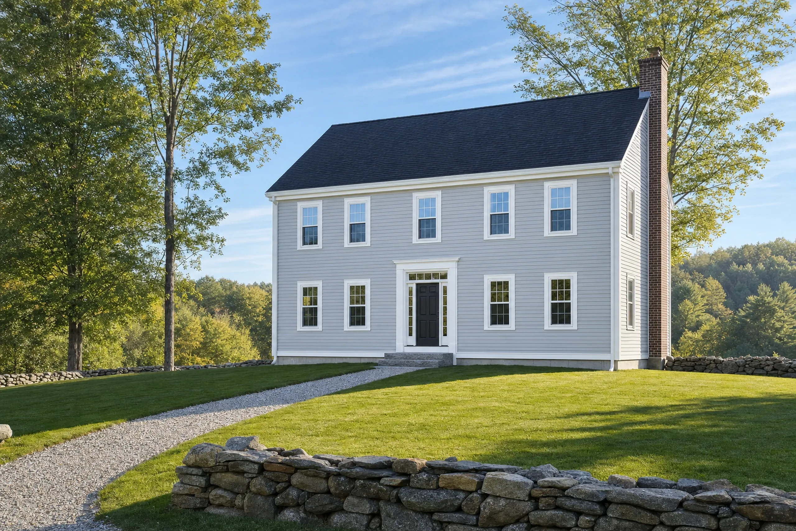 Finished re-side near Gorham, ME: a two-story colonial wearing new dove-gray vinyl siding, bright white corner boards and wide window trim, a mowed lawn and maples in late summer