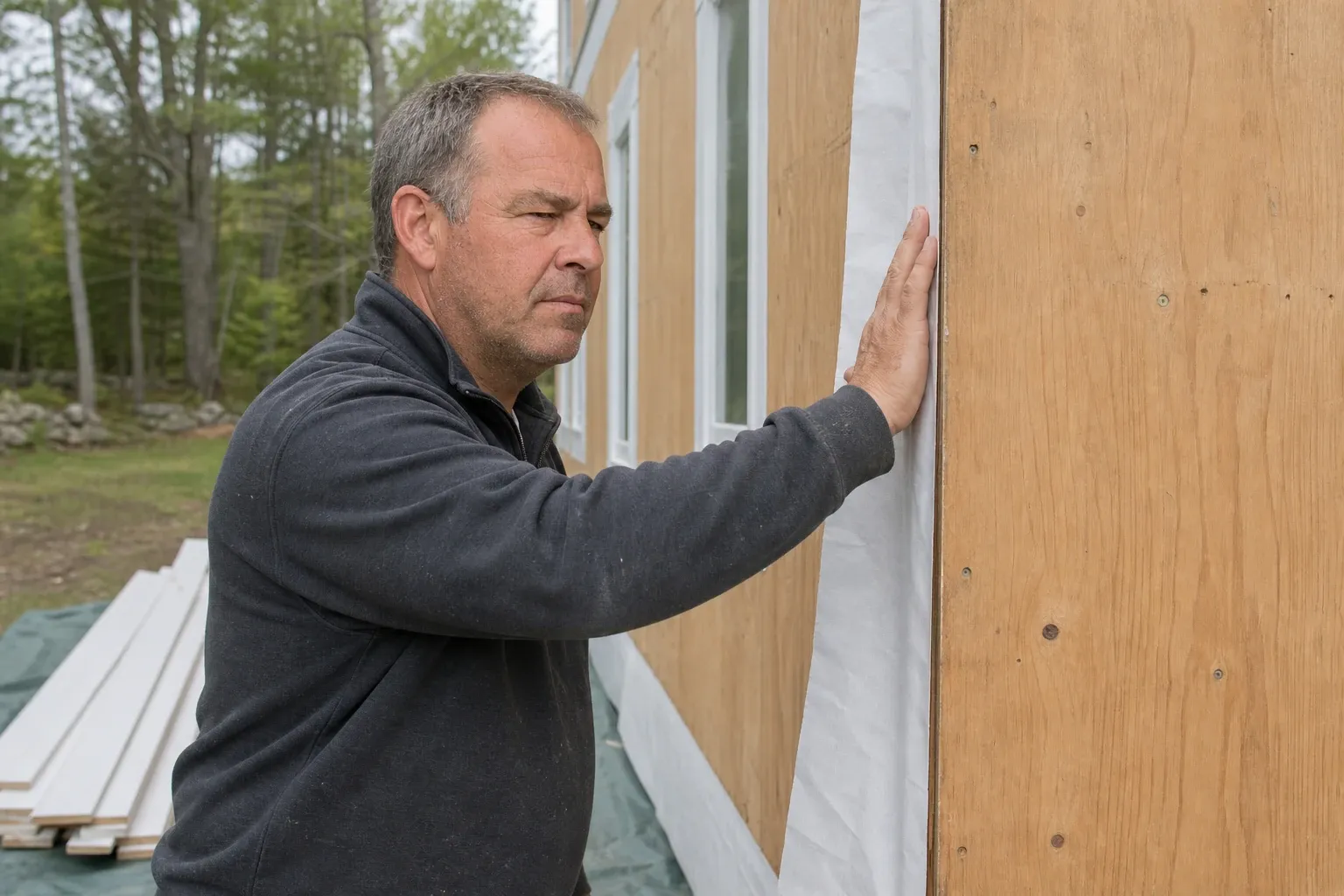 Jeff Wentworth running one hand down the outside corner of a wall stripped to its sheathing, sighting along the corner for straight before new corner boards go on