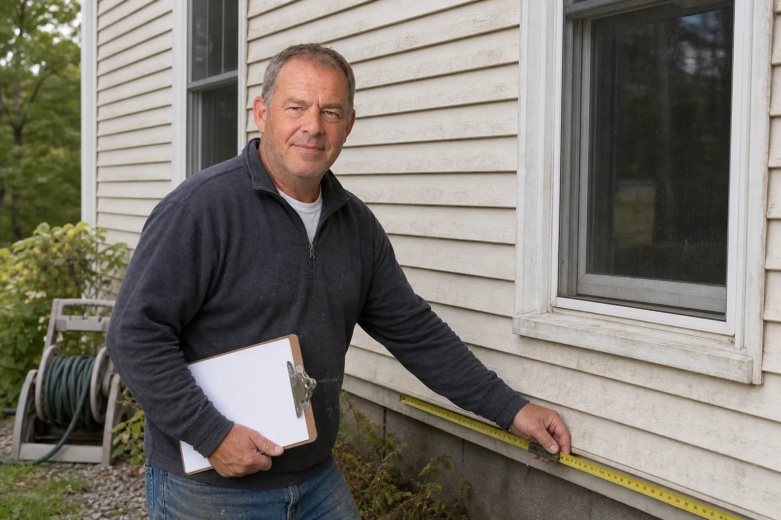 Jeff Wentworth stretching a tape measure along the bottom of a two-story wall of faded old vinyl siding, a clipboard tucked under one arm