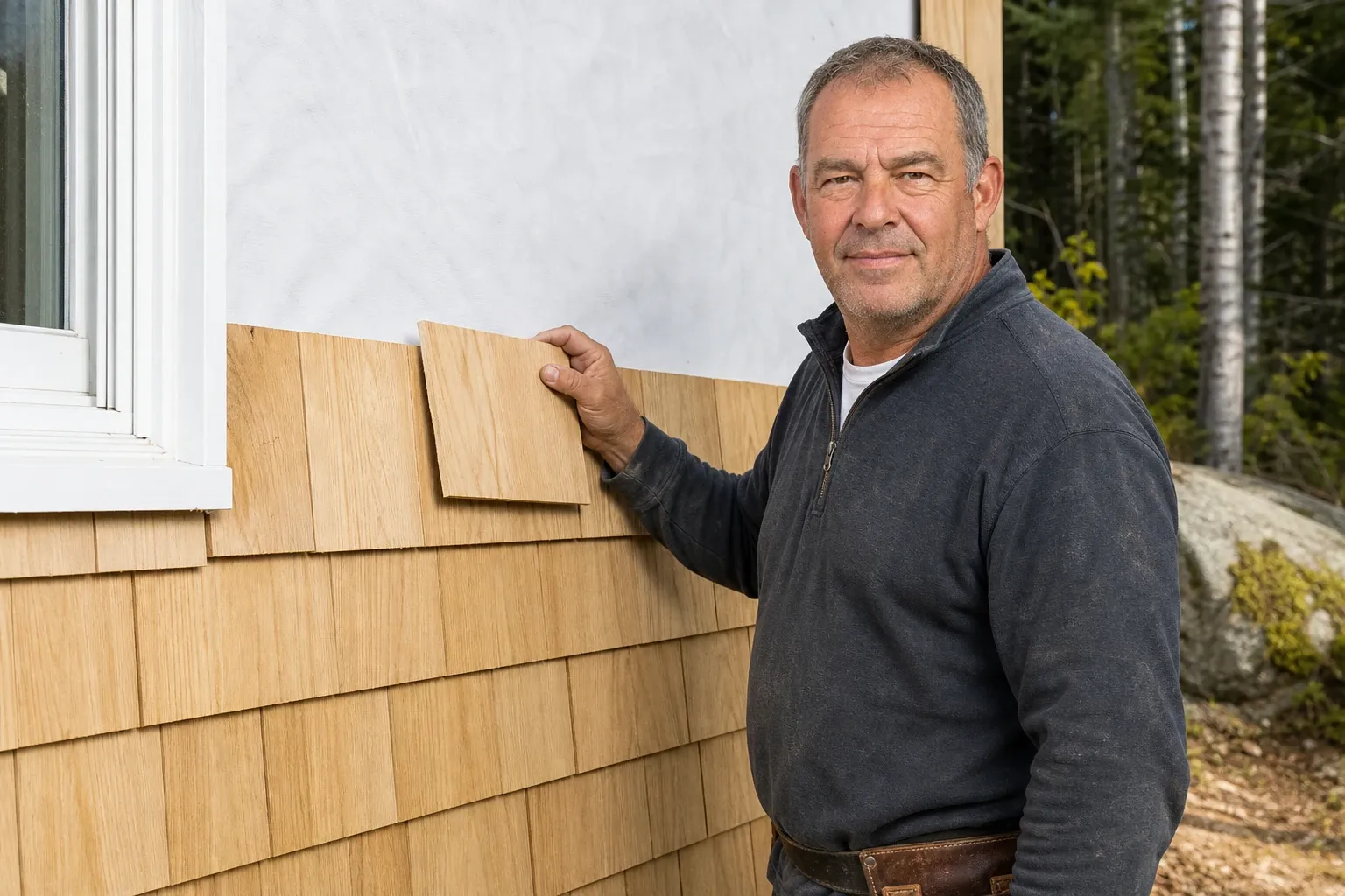 Jeff Wentworth holding a fresh pale eastern white cedar shingle against a new course on a cottage wall, a leather nail pouch at his hip