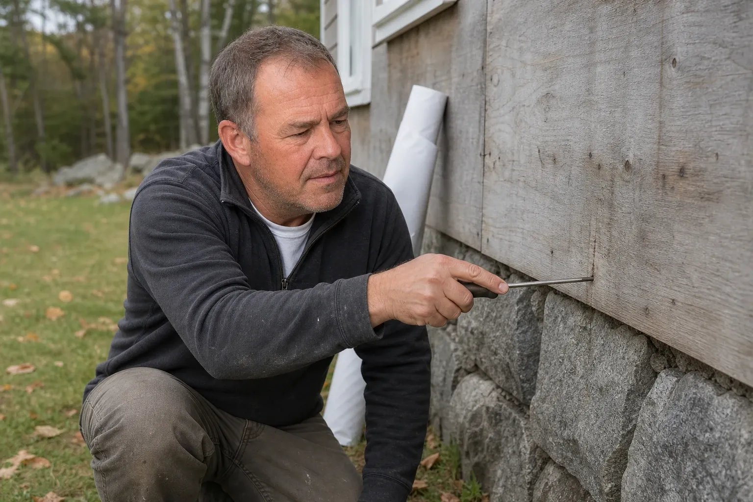 Jeff Wentworth crouched at the bottom of an old cape's wall stripped to its board sheathing, pressing a screwdriver into the sheathing just above the stone foundation