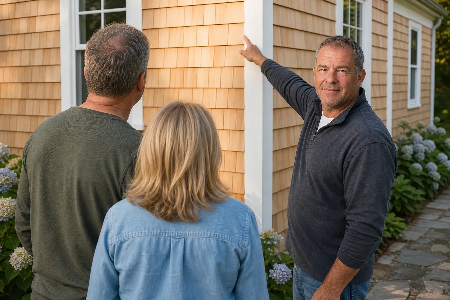 Jeff Wentworth and two homeowners, seen from behind, walking beside a cottage wall of new natural cedar shingles, Jeff pointing up at a white corner board