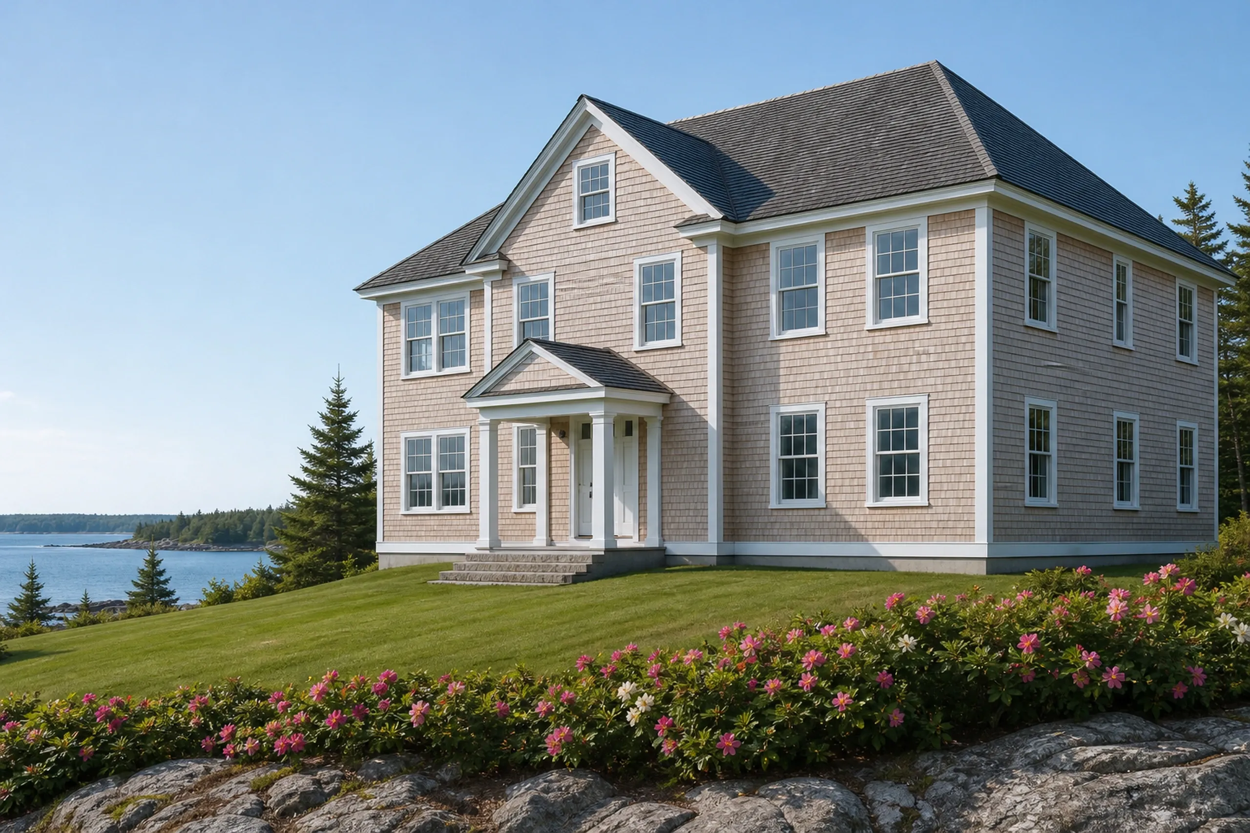 Greater Portland and Casco Bay: a two-story shingle-style house above the bay, its new cedar shingles beginning to silver, white window trim, a granite step and lawn in early summer