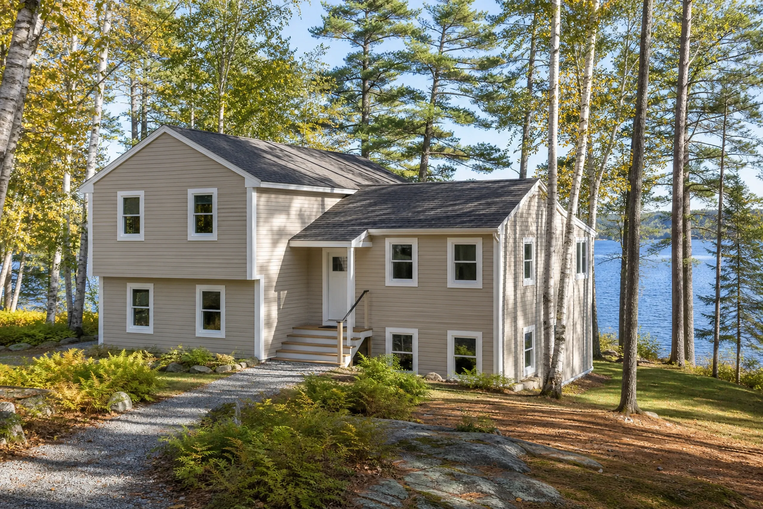 Lakes and inland towns: a split-level house among birch and white pine above a lake, new tan vinyl lap siding with white trim, early fall