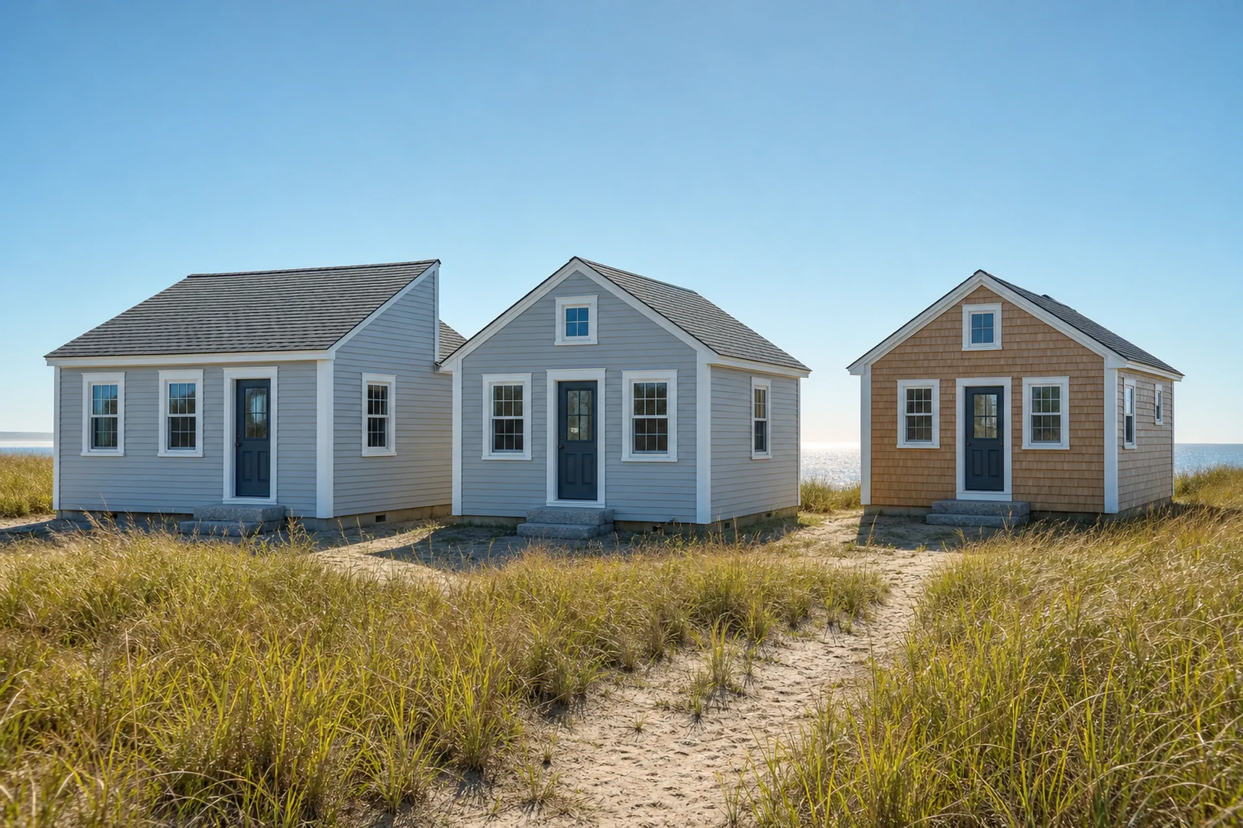 York County seacoast: three small beach cottages on tight lots, two in new pale gray vinyl lap siding and one in natural cedar shingles, white trim, dune grass in front in late summer