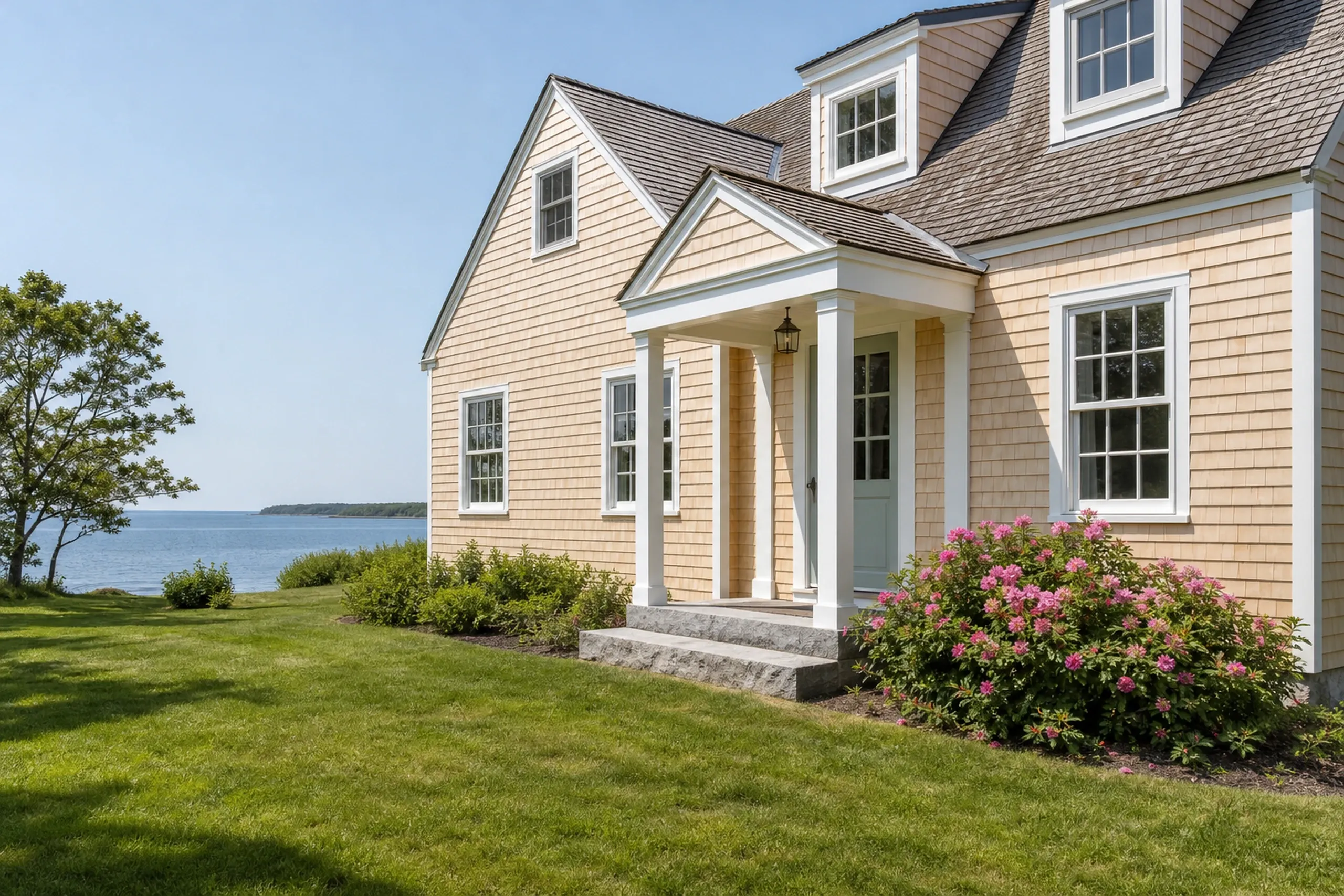 Cedar shingle siding in southern Maine: a shingle-style cottage near the water finished in new eastern white cedar shingles in a pale natural tone, white window trim and a woven corner, beach roses by the granite steps.