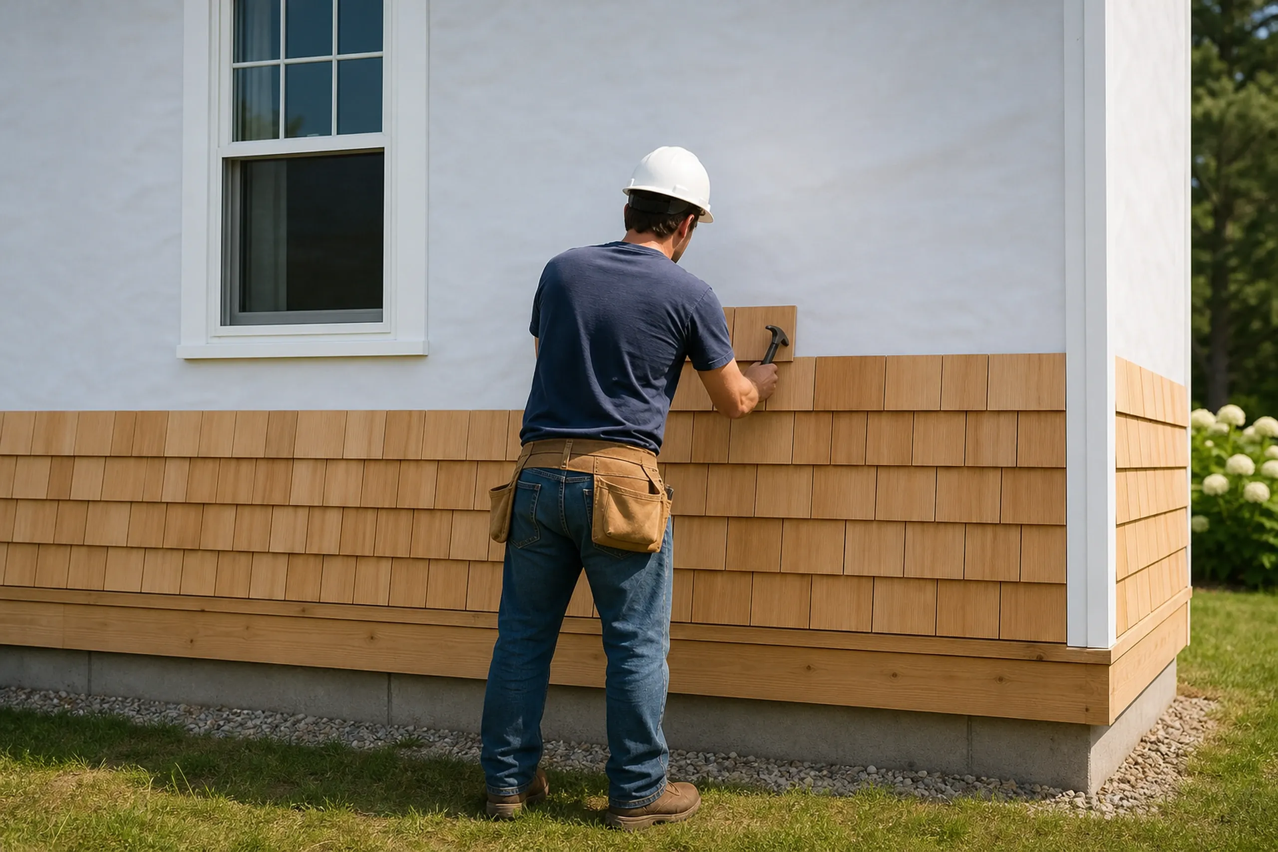 Cedar shingle courses going up on a colonial: one installer seen from behind nailing new shingles over plain white housewrap above a doubled first course, summer.