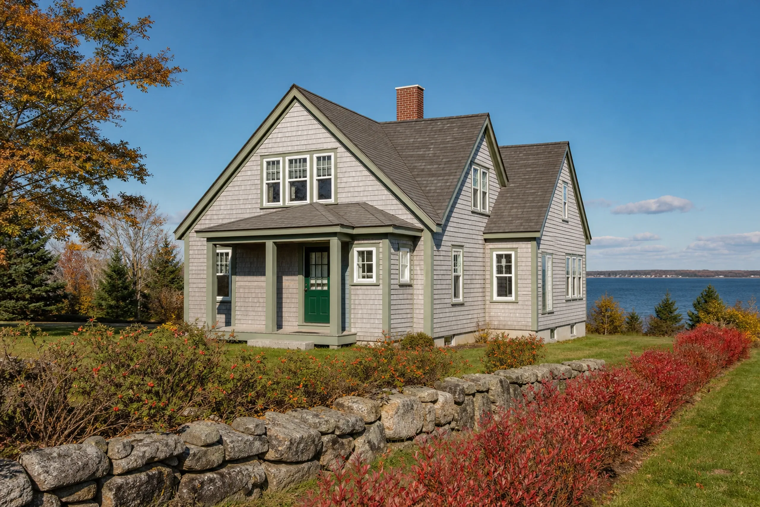 Southern Maine re-sided cedar cottage in autumn: A re-sided southern Maine shingle-style cottage in early autumn, natural cedar shingles weathered to soft silver-gray with sage-green trim and a deep green door, rugosa roses, a stone wall and red-leaved blueberry bushes under crisp light.