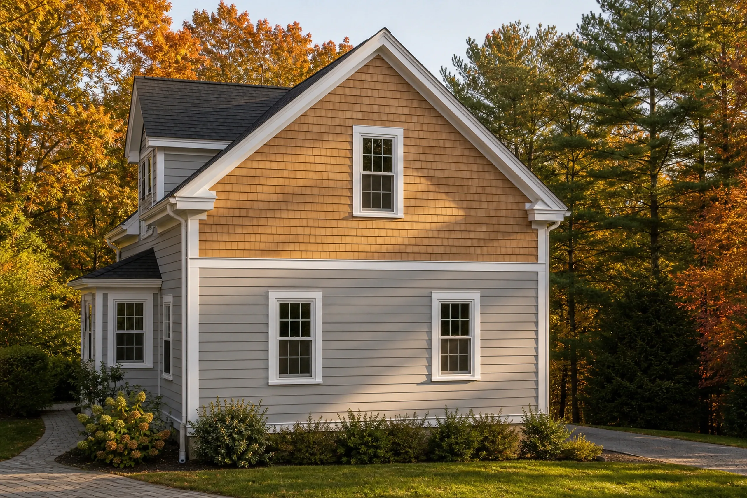 Cedar shingles on the gable of a southern Maine colonial above painted fiber cement lap siding, a white frieze board between them, early fall.