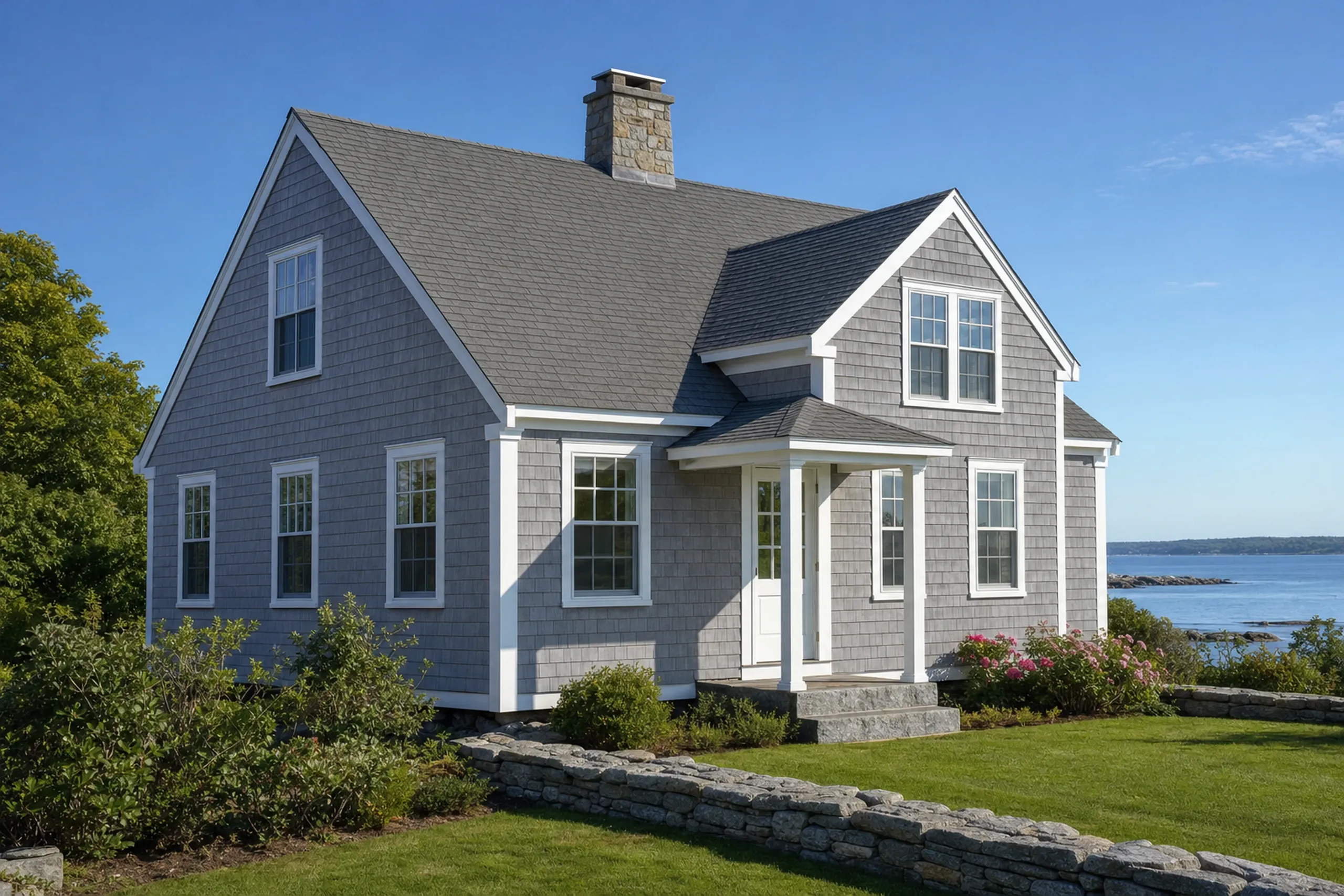 Cedar shingle siding on a southern Maine shingle-style cottage: natural courses weathered silver-gray, white trim and corner boards, a granite step, summer.