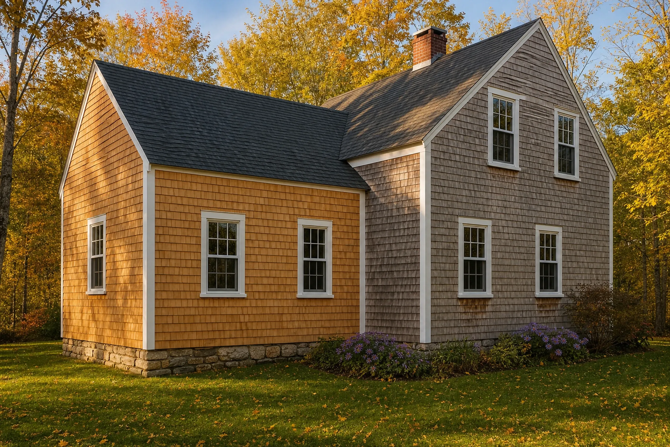 Cedar shingles on a southern Maine cape: a fresh honey-tan shingled ell meeting the silver-gray main wall at a white corner board, early fall.
