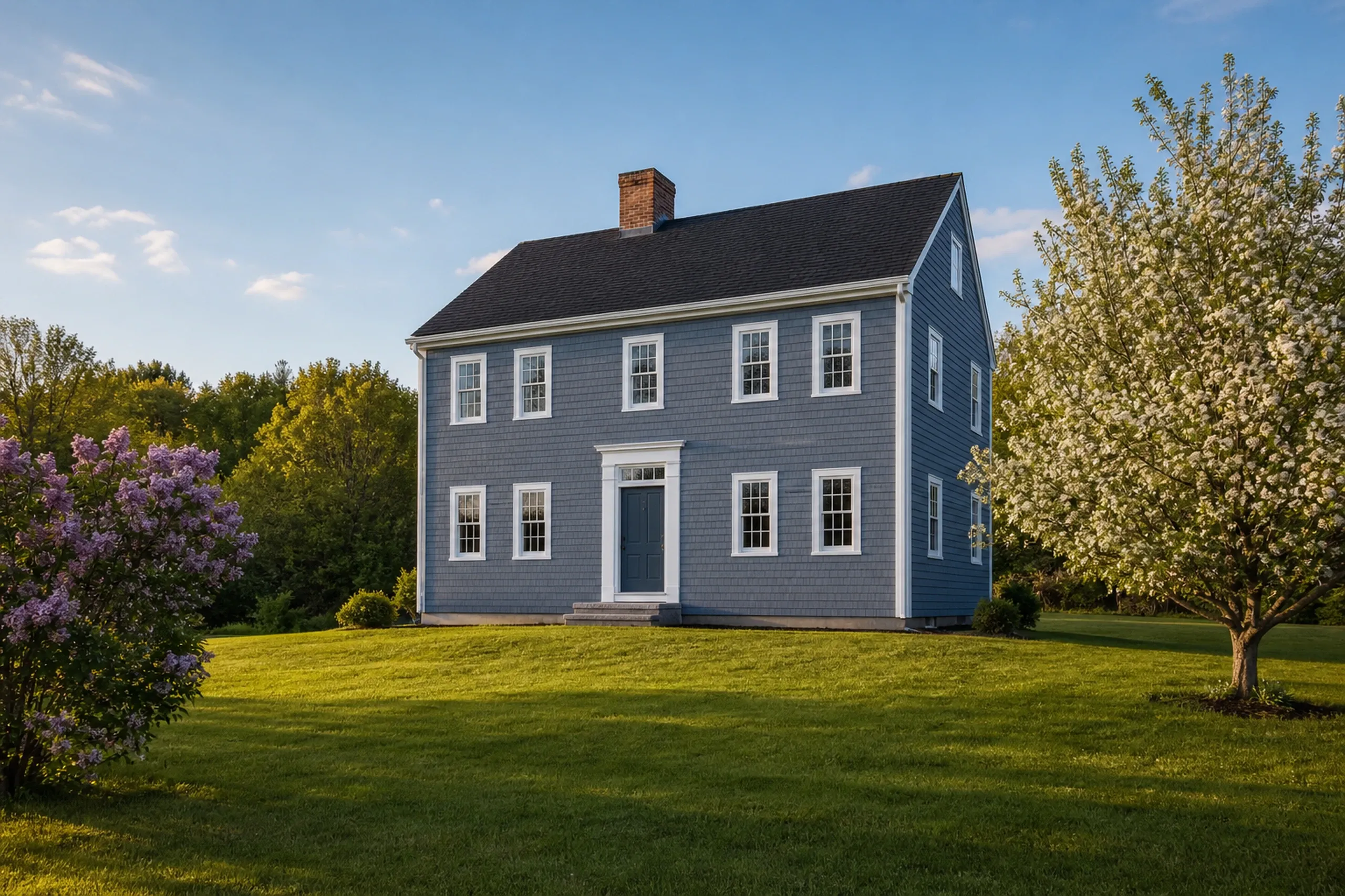 Stained cedar shingles on a southern Maine colonial: courses in a solid gray-blue stain, white window casings and corner boards, a lawn, late spring.