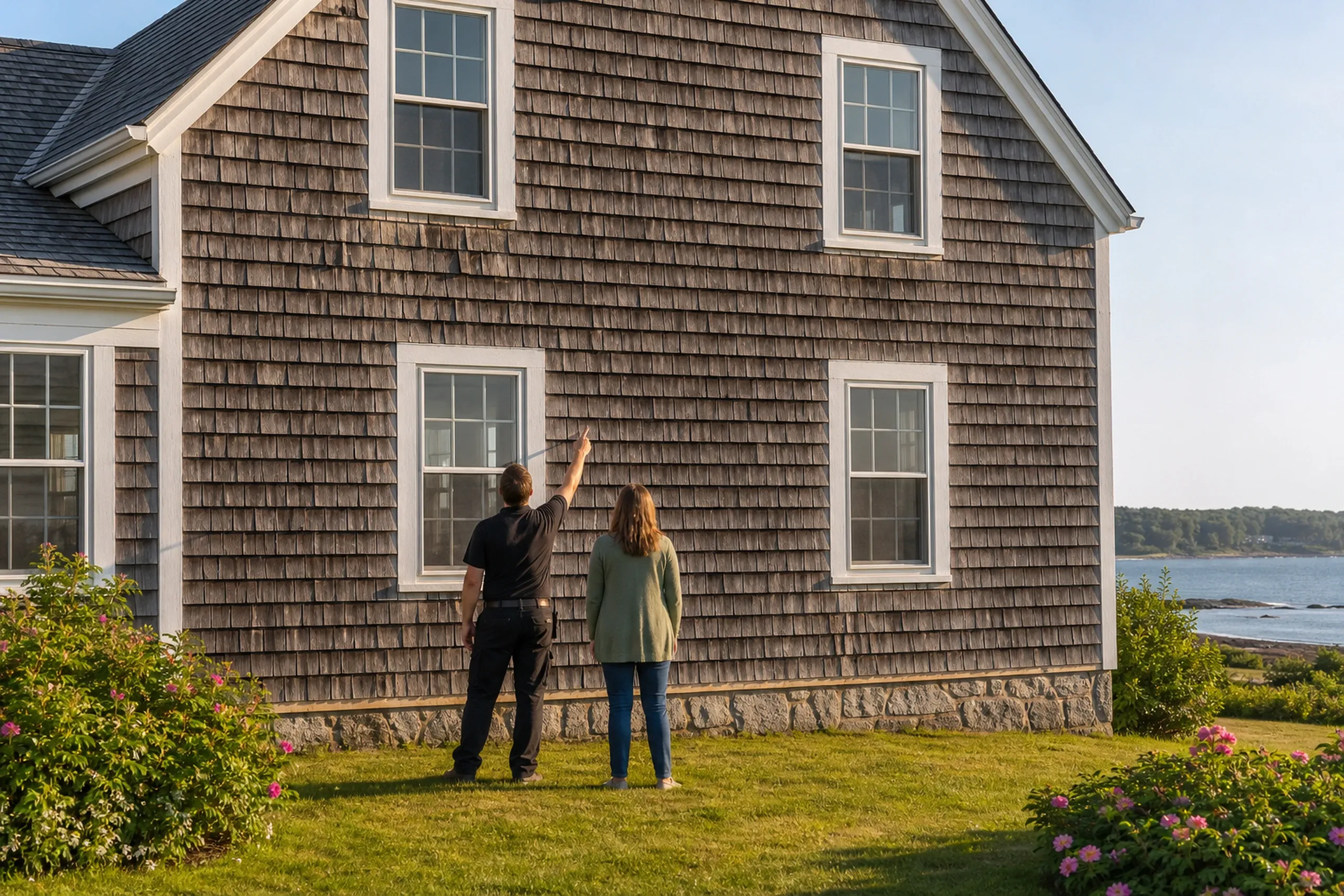 Southern Maine cedar shingle first visit: Beside a southern Maine shingle-style cottage near the shore, two people, a siding installer and a homeowner, seen from behind, face a wall of old cedar shingles cupped and curling at the edges, split in places and streaked dark with moisture, summer sun.