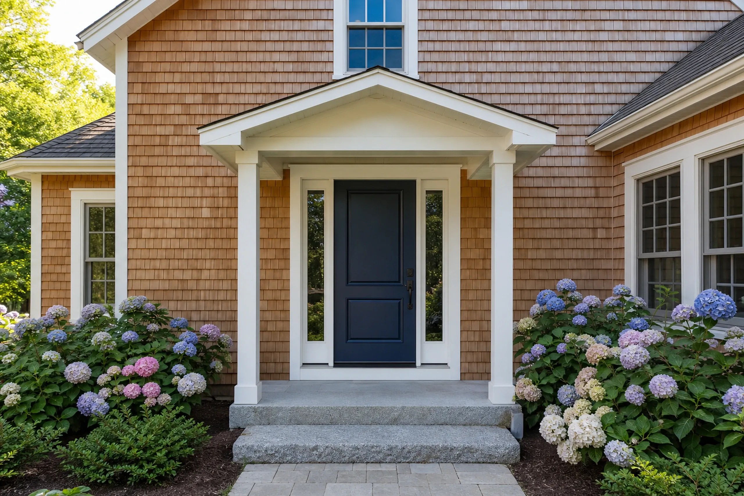 Southern Maine re-sided cedar front entry: Front entry of a re-sided southern Maine shingle-style cottage in summer, shot vertically, a navy blue door with two sidelights, a granite step, warm honey-brown cedar shingles around the door softening toward silver, white trim, hydrangeas in bloom.