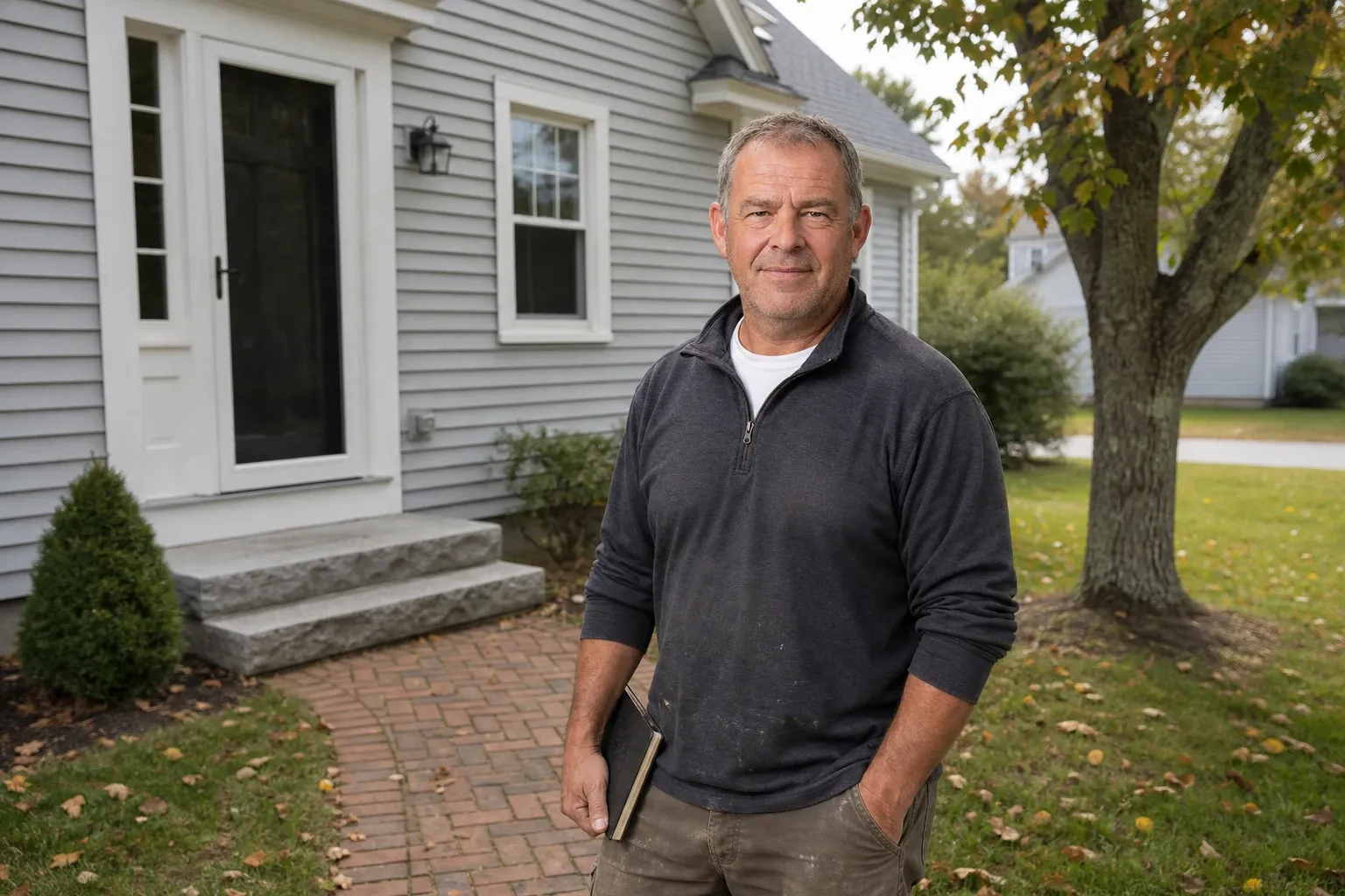 Jeff Wentworth on the brick front walk of a Westbrook cape, its walls freshly finished in soft gray vinyl clapboards and white trim, a closed notebook in one hand, early fall