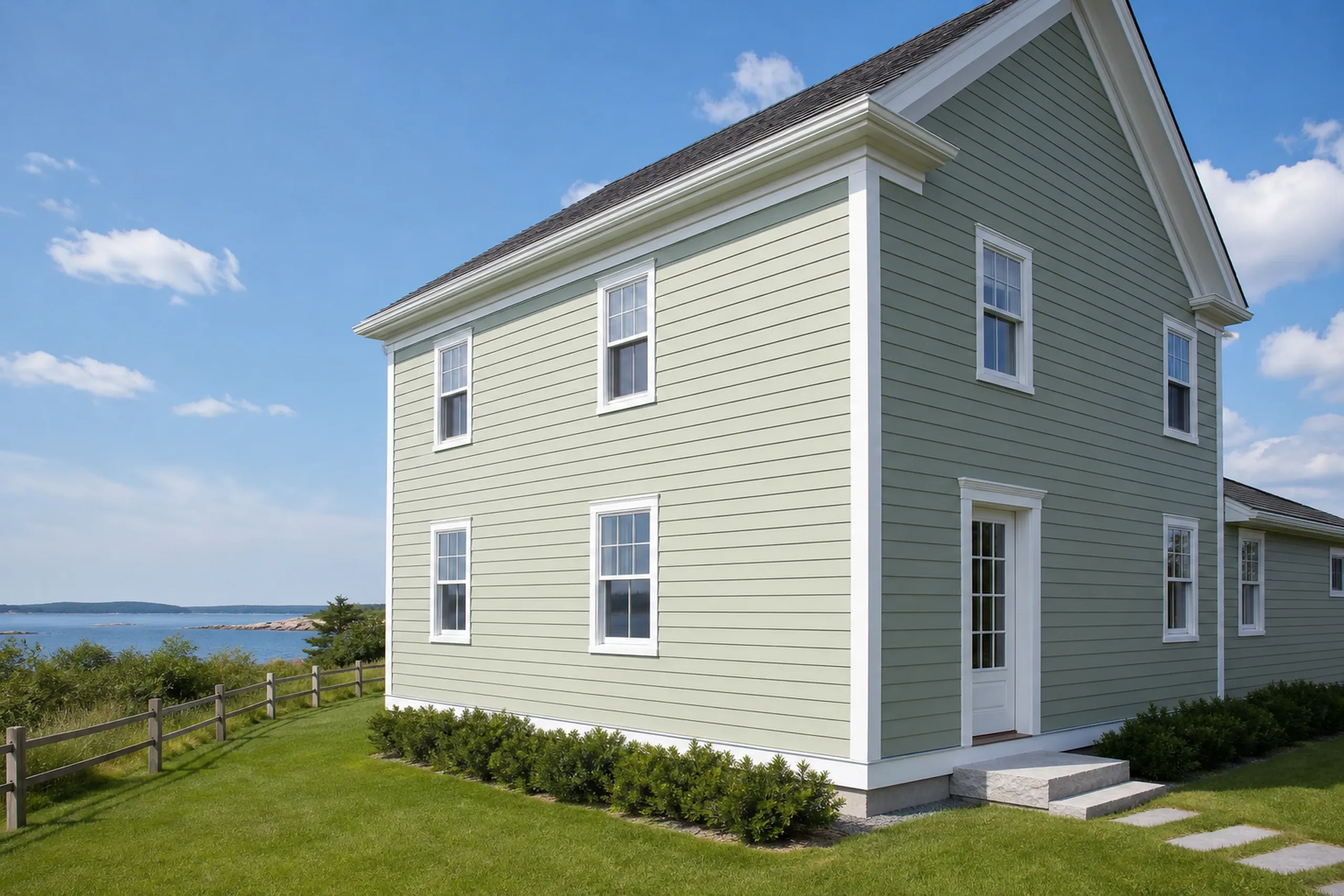 James Hardie fiber cement siding in southern Maine: a two-story shore house finished in smooth pale sage-green fiber cement lap boards with crisp white trim, low junipers and a split-rail fence along the yard, a bright summer afternoon.