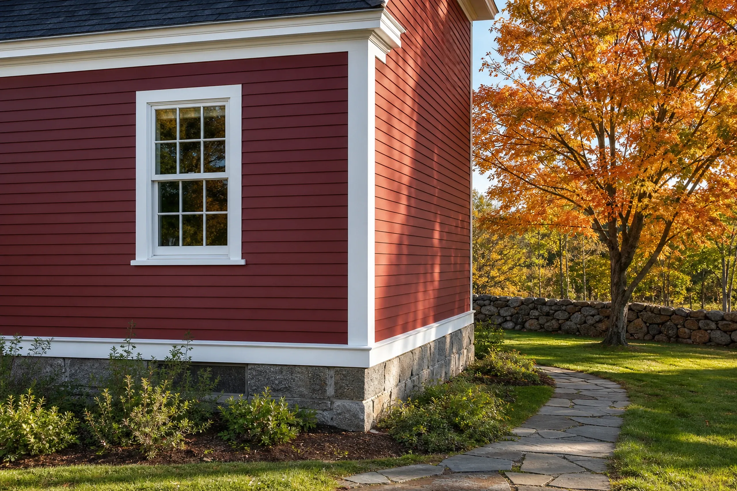 Hardie lap boards at an outside corner of a southern Maine village colonial: fiber cement siding painted deep cranberry red meeting a wide white corner board, crisp trim lines and a white window casing, early fall.