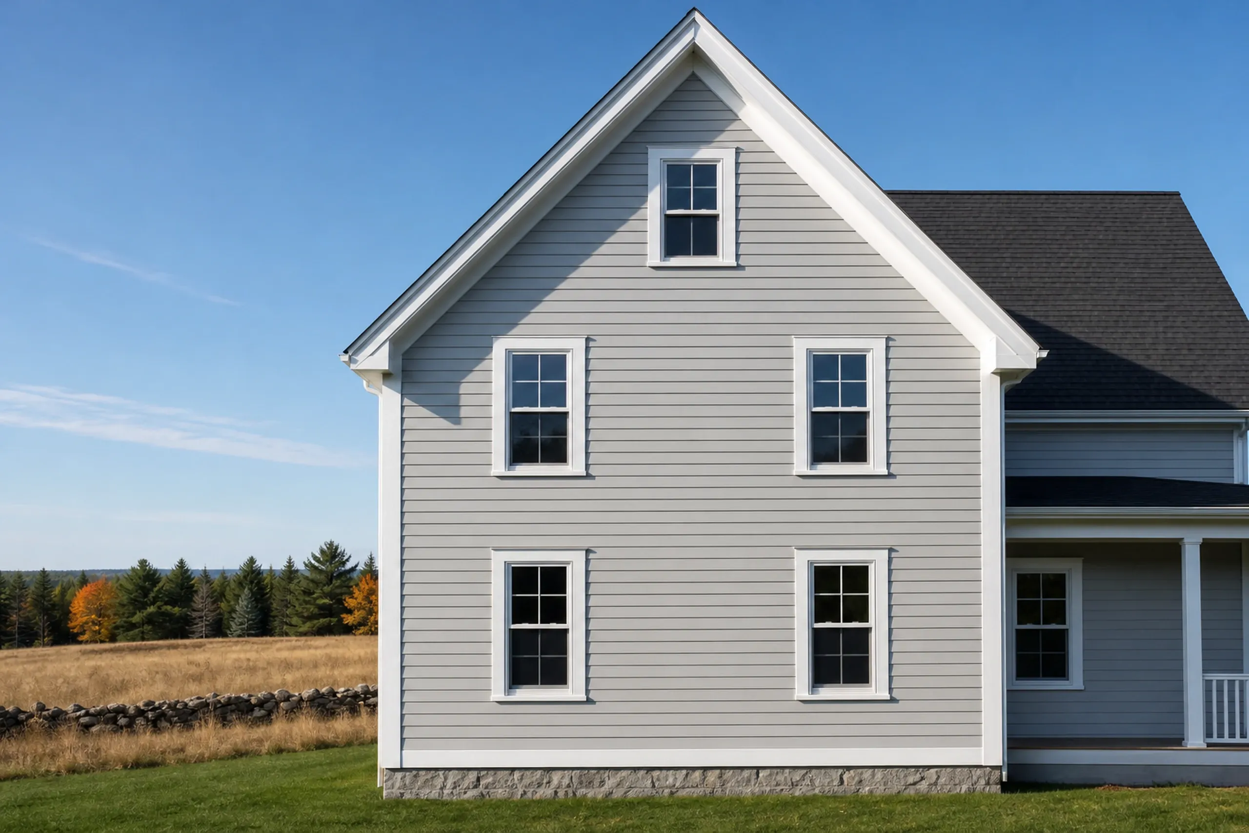 Hardie fiber cement lap siding on the tall gable end of a two-story southern Maine farmhouse: pale gray painted boards with sharp shadow lines and white rake trim, an open hayfield beside the house, early fall.