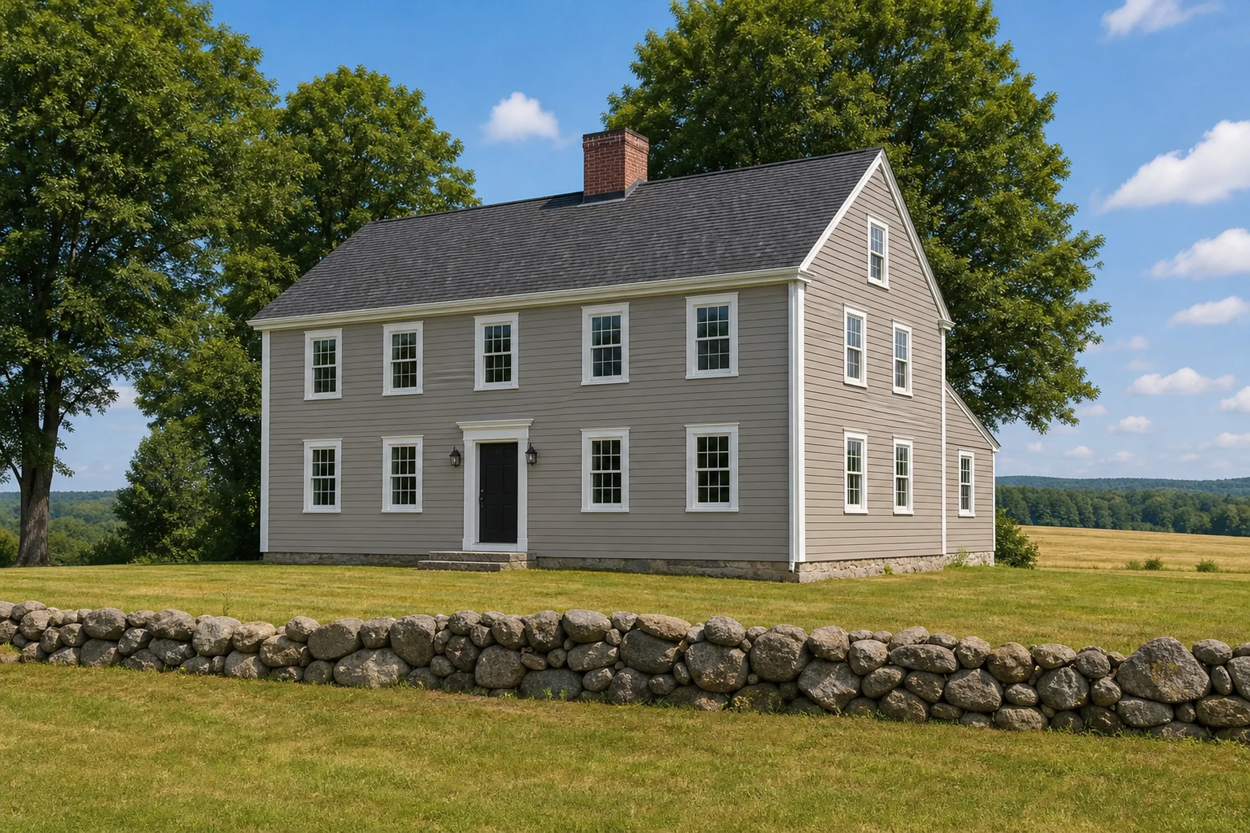 Southern Maine re-sided Hardie house in summer: A re-sided southern Maine farmhouse, warm taupe fiber cement lap siding with crisp white corner boards and window casings, a fieldstone wall, a mown lawn running out to a hayfield and tall maples, bright summer afternoon.