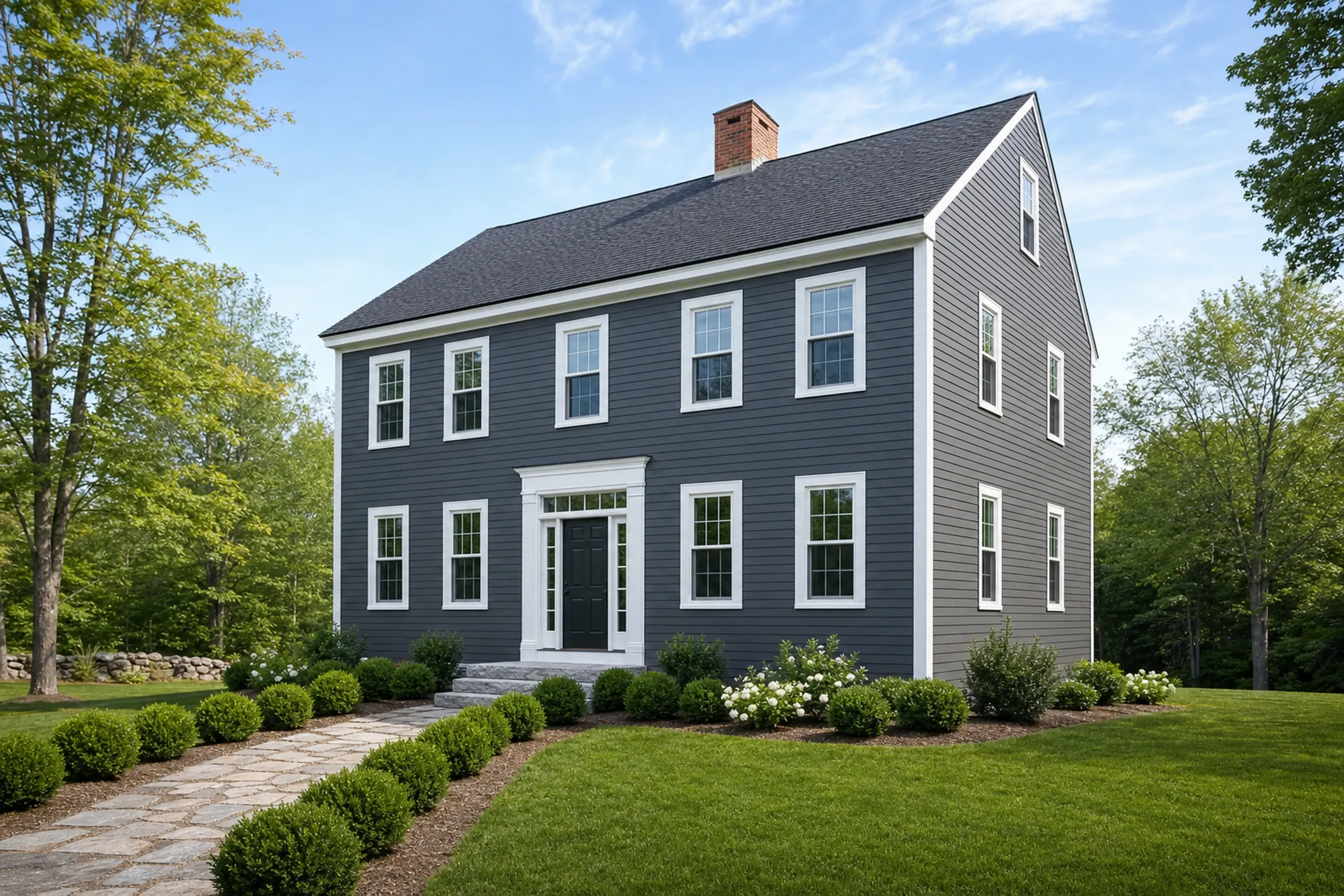 Hardie siding on a southern Maine colonial: finished fiber cement lap boards in a deep slate gray factory finish, bright white corner boards, broad casings around double-hung windows, a fieldstone walk and boxwood shrubs, early summer.