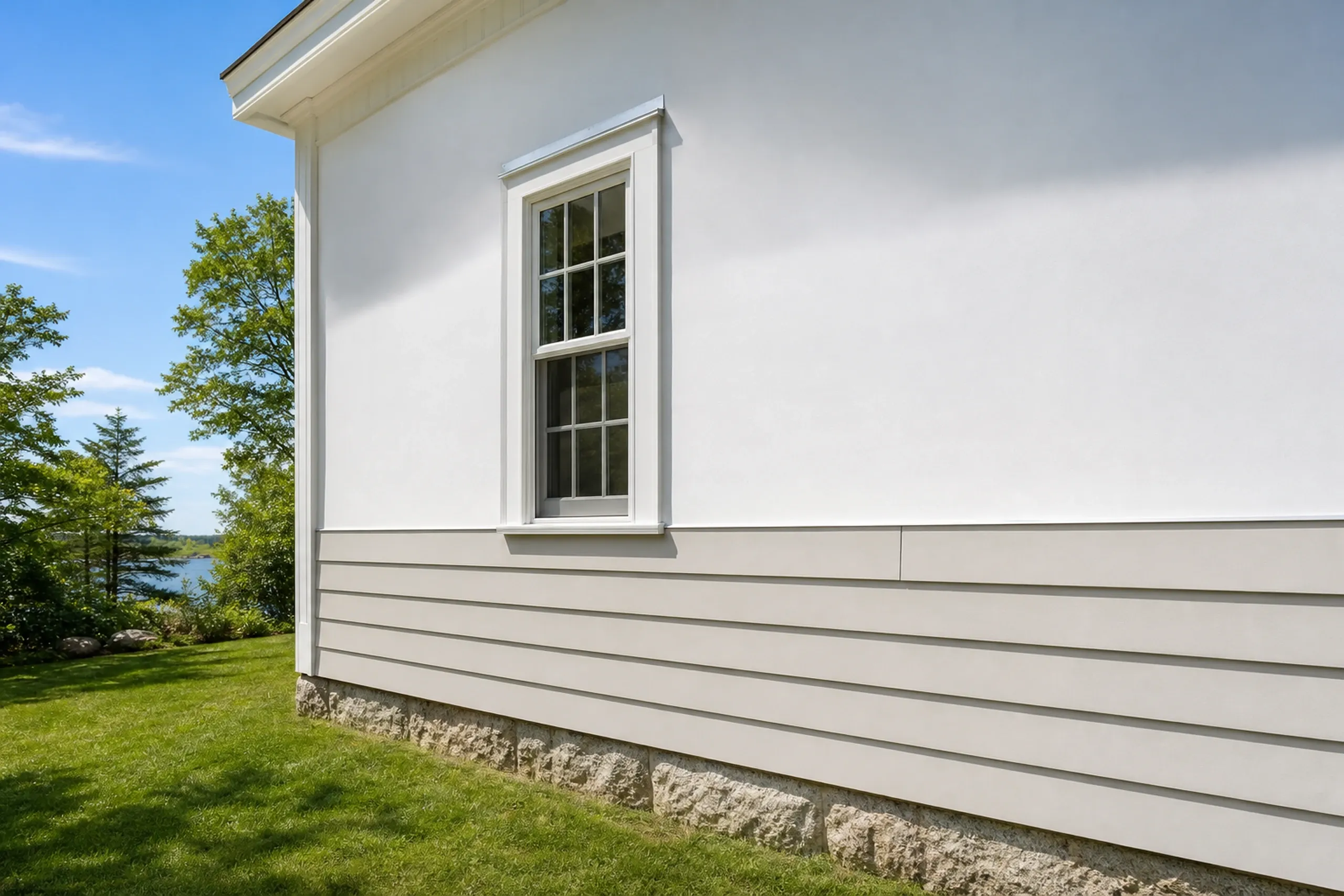 Fiber cement lap boards going on over housewrap: primed planks rising up the sidewall of a southern Maine cape over plain unmarked white housewrap, a strip of flashing visible behind one butt joint and a flashed window head above, late spring.