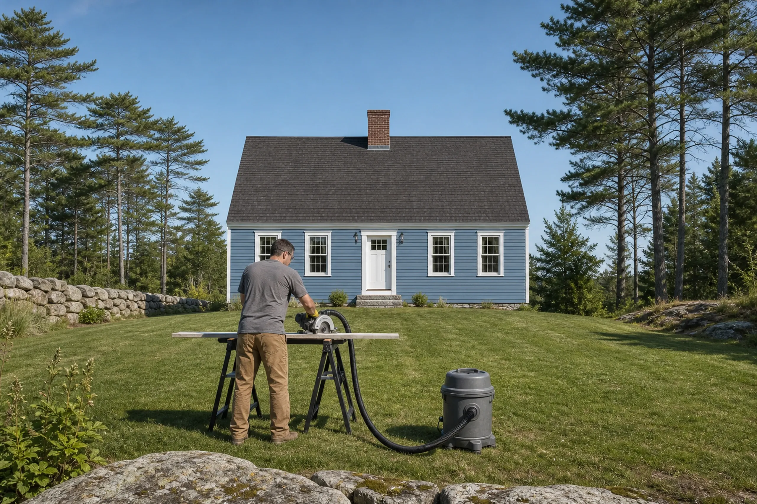 Cutting fiber cement siding outdoors: one installer seen from behind in safety glasses and gloves, cutting a fiber cement plank on a portable saw stand with a circular saw whose dust shroud runs by hose to a vacuum, on a lawn beside a southern Maine cape, summer.