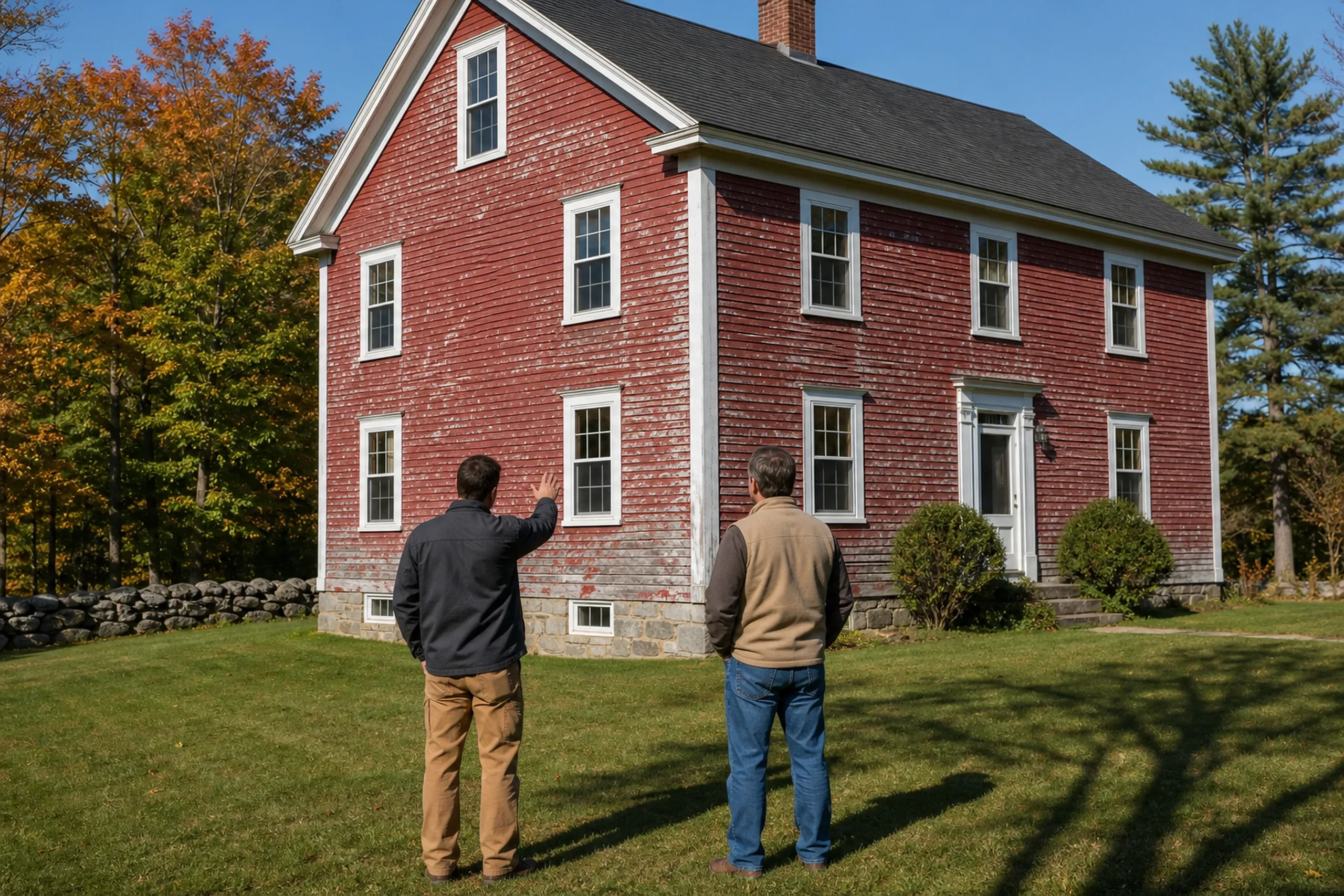 Southern Maine Hardie siding first visit: Facing a southern Maine farmhouse in early autumn, two people, a siding installer and a homeowner, seen from behind, look at old painted boards chalking white at the surface, paint chipping off in flakes and bare gray patches along the lowest courses.
