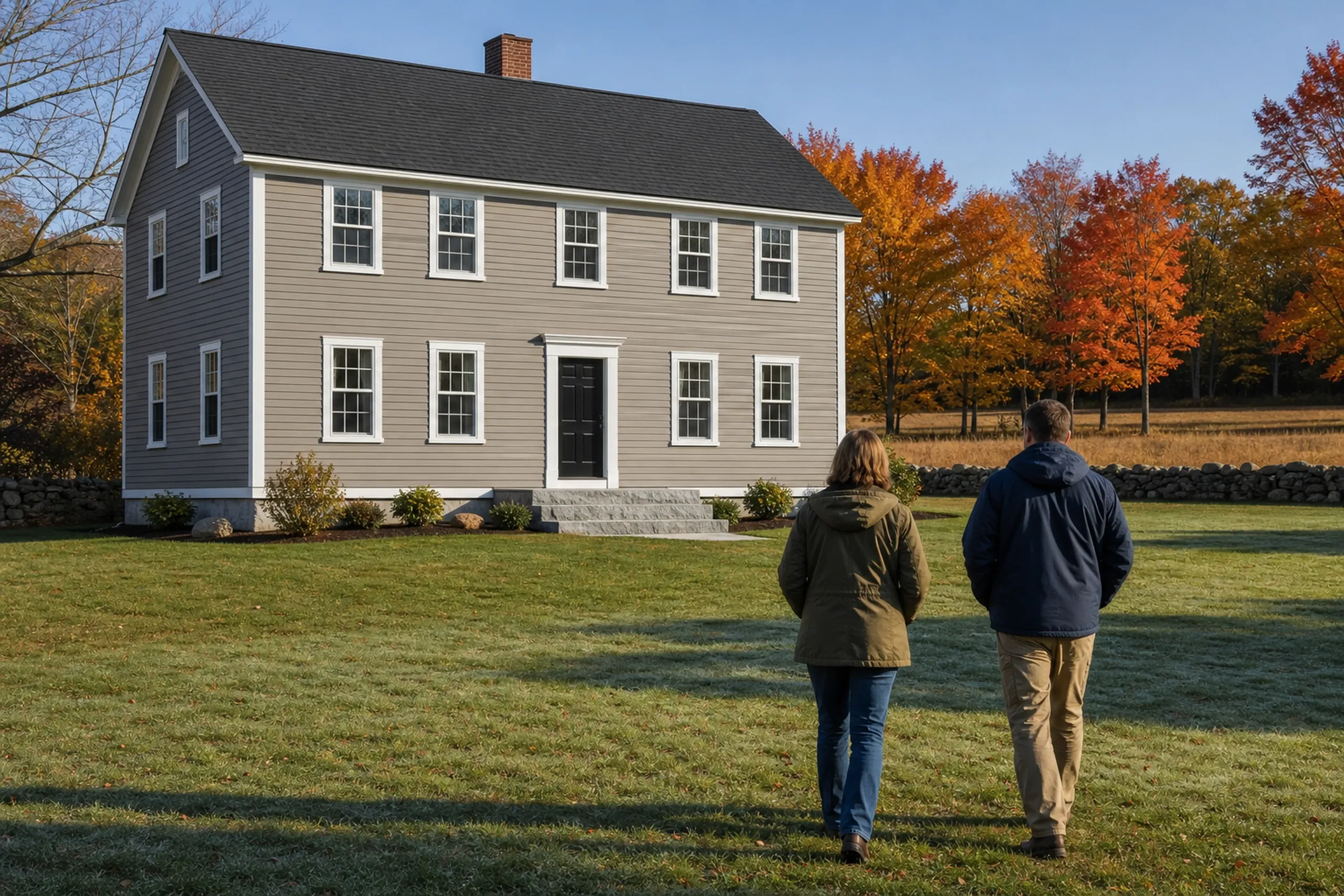 Southern Maine Hardie siding final walkaround: Walking the lawn beside a re-sided southern Maine farmhouse, two people, a siding installer and a homeowner, seen from behind, admire warm taupe fiber cement lap siding with sharp shadow lines, white corner boards, white window casings and a black front door, October morning.