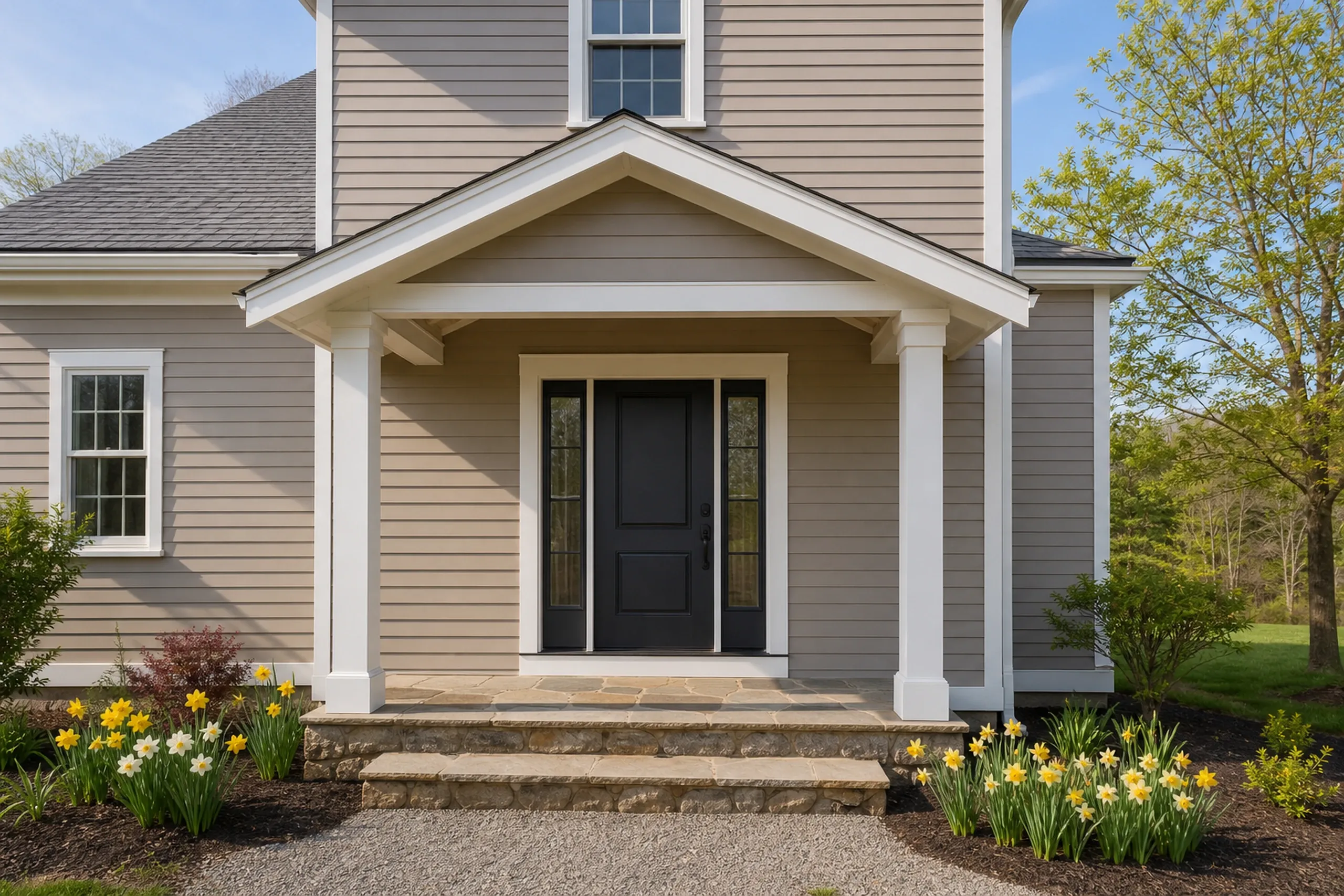 Southern Maine re-sided Hardie front entry: Front entry of a re-sided southern Maine farmhouse in late spring, shot vertically, a black door with two sidelights, a fieldstone step, warm taupe fiber cement lap siding and white trim around the door, daffodils in bloom beside the step.