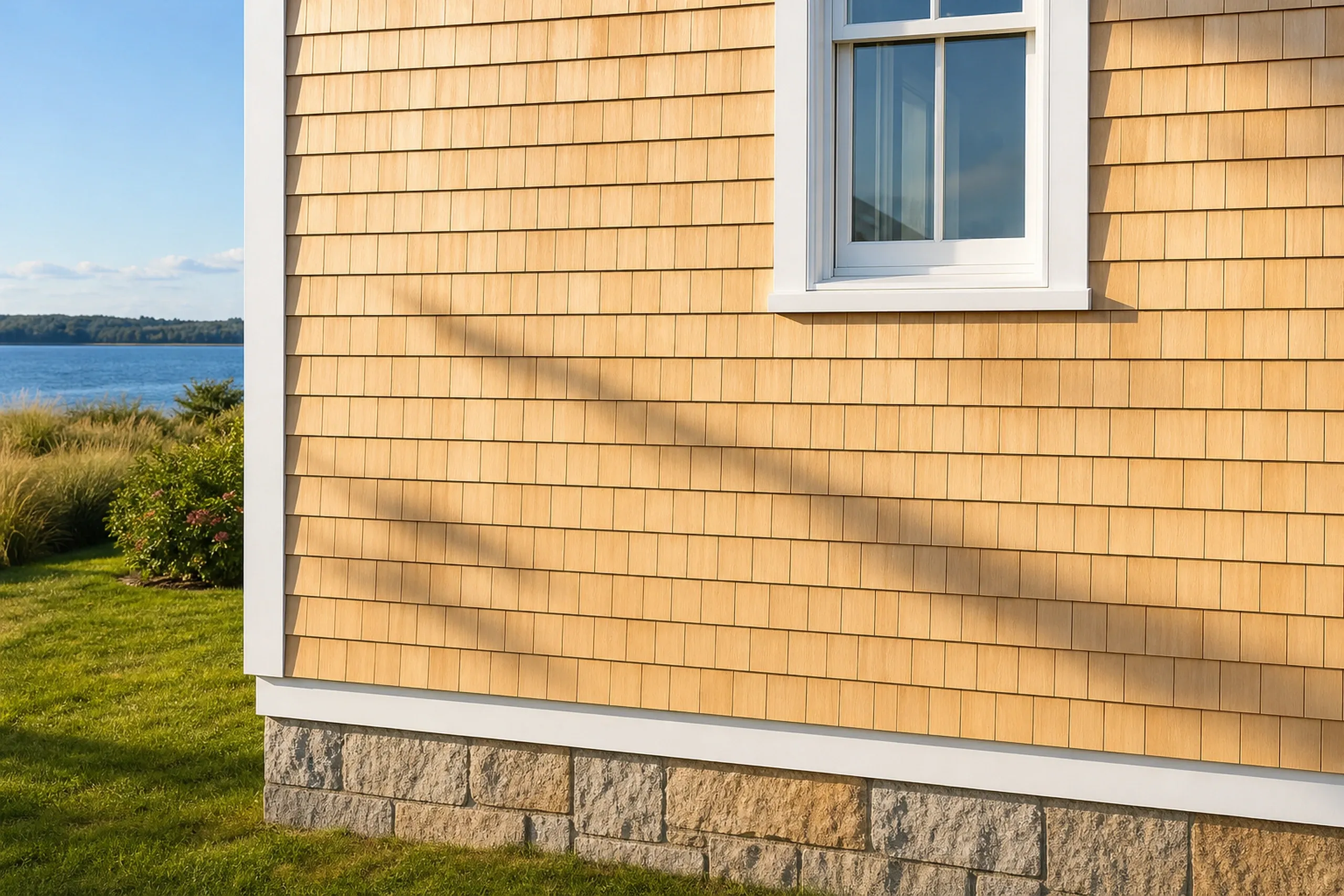 Cedar shingle siding in Southern Maine: fresh pale eastern white cedar shingles laid course by course across the lower side wall of a shingle-style cottage near the water, an even butt line and white window trim, sunny September day, no people.