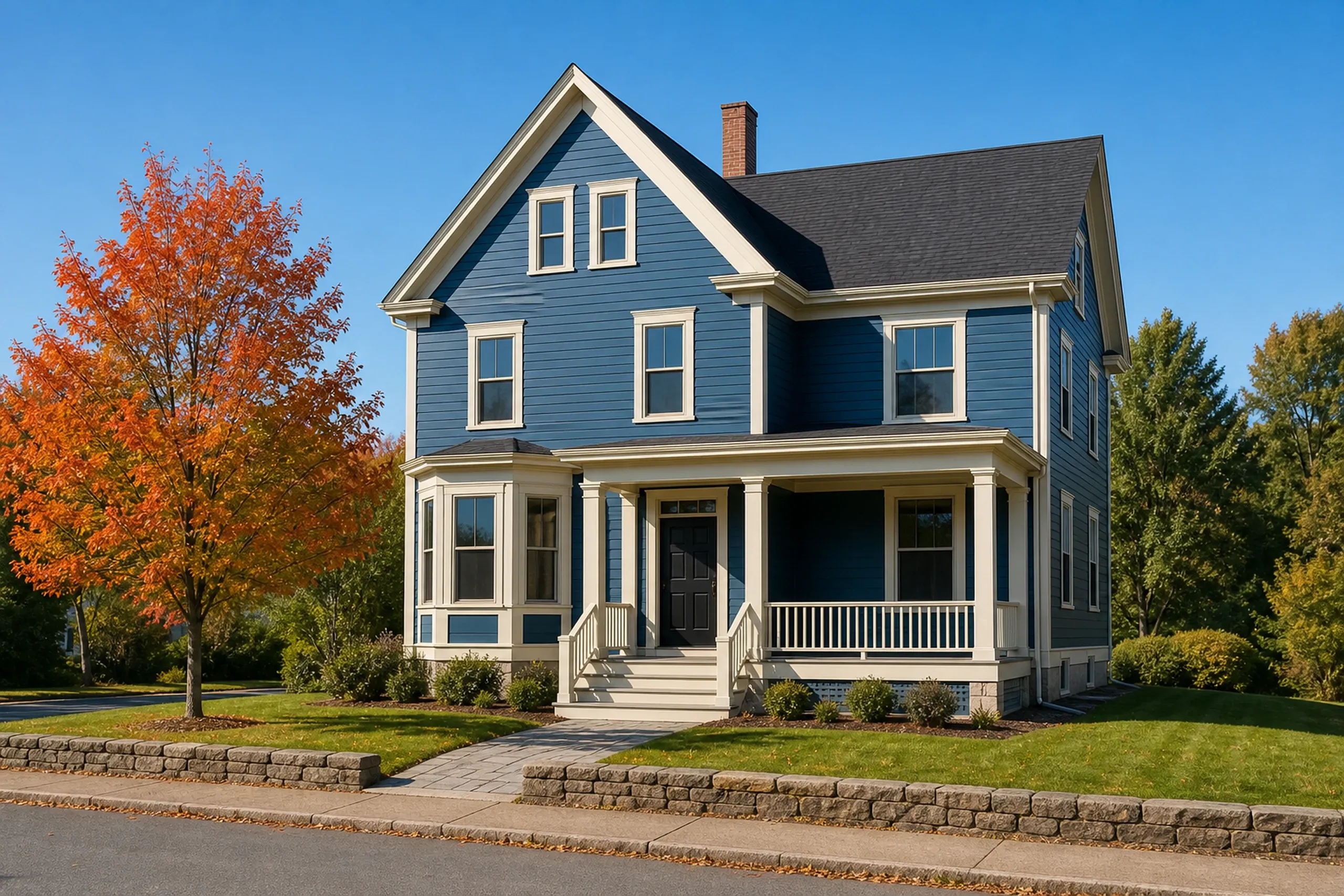 Re-sided Victorian two-family in Southern Maine, early fall: A re-sided two-family Victorian on a village street, finished in harbor-blue LP lap siding with cream corner boards and window trim, a black front door, a low granite wall and one maple turning orange, crisp early-autumn light.