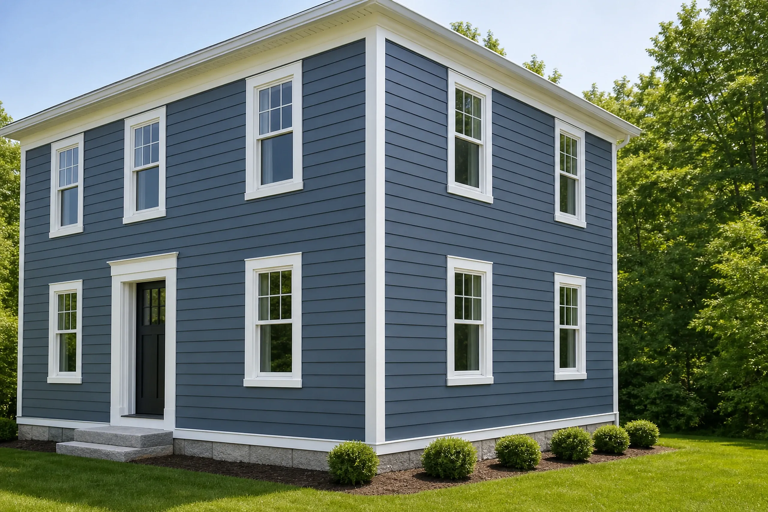 Fiber cement siding in Southern Maine: the corner of a two-story village colonial newly clad in smooth slate-blue fiber cement lap boards, a wide white corner board and crisp white window trim, a granite foundation below, early summer.