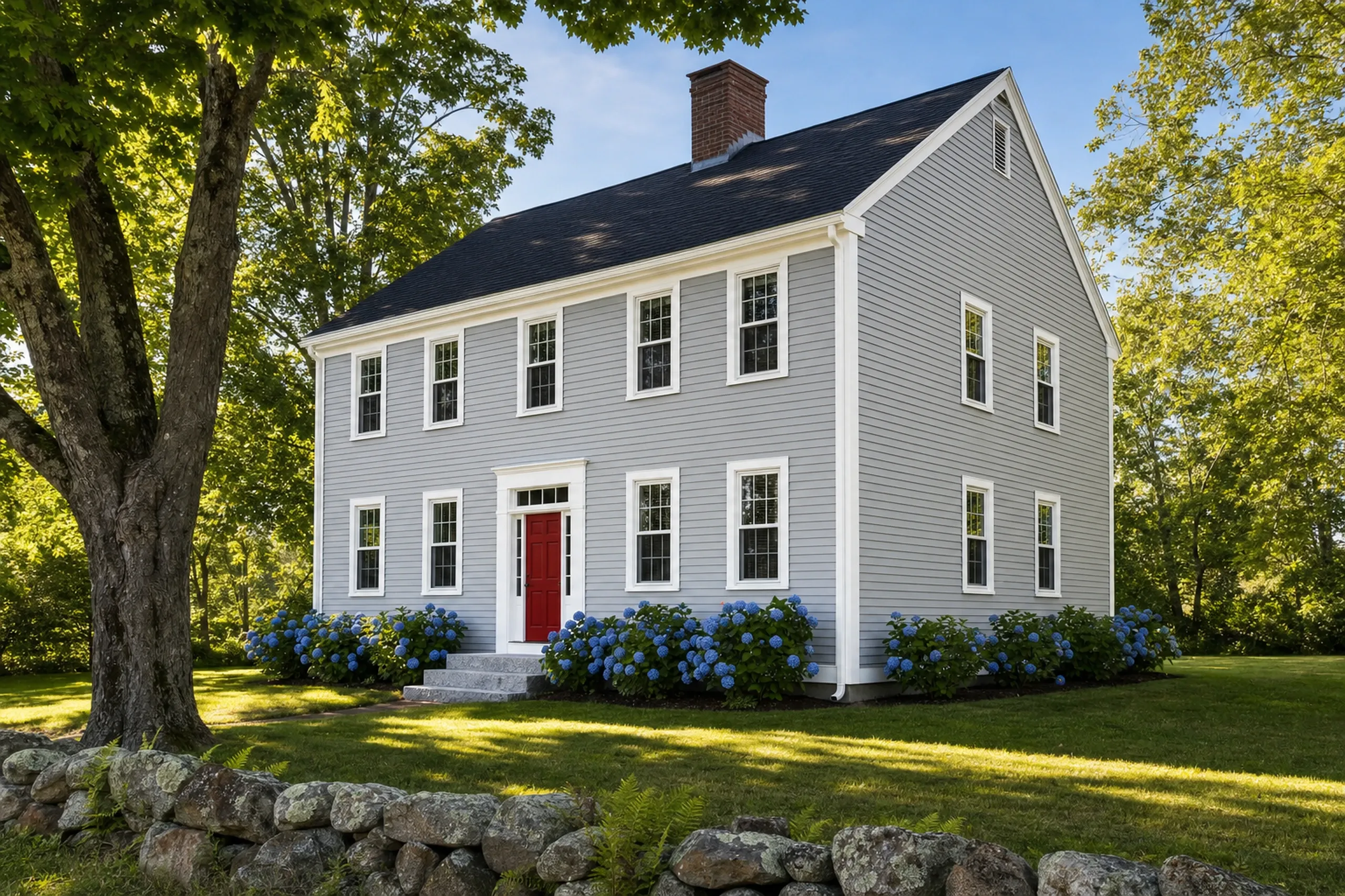 Siding installation in Southern Maine: a two-story New England colonial freshly re-sided in pale gray vinyl lap siding with wide white corner boards, white window casings and a red front door, granite steps and blue hydrangeas along the foundation, late-summer afternoon light.