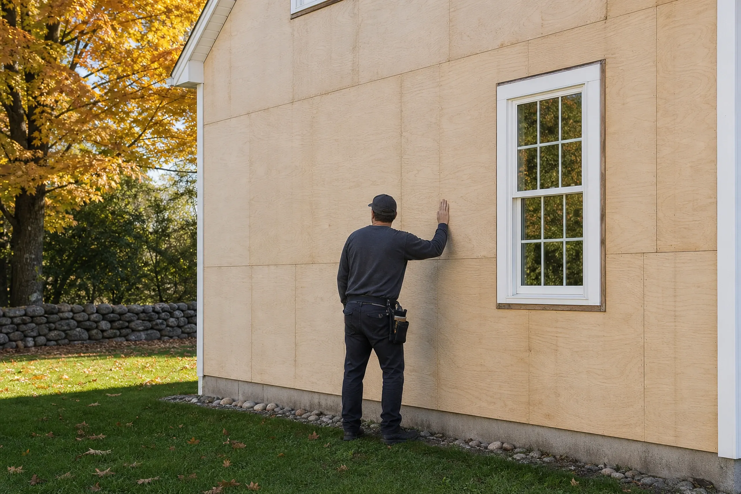 Re-siding a house in Southern Maine: one installer, seen from behind with his face hidden, pressing a gloved hand on the bare plywood sheathing of a side wall stripped of its old clapboards, a window beside him, maple leaves turning orange in early fall.