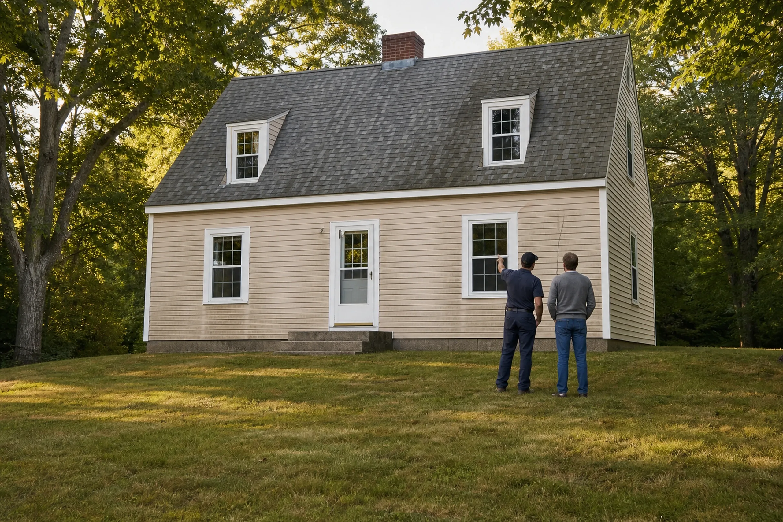 Southern Maine siding first visit at a faded vinyl cape: On a warm late-afternoon summer day, two people, a siding installer and a homeowner, seen from behind, stand on the lawn facing the front wall of a 1960s cape whose old vinyl siding is faded and chalky, with one cracked panel beside the corner and a dull stain under the window.