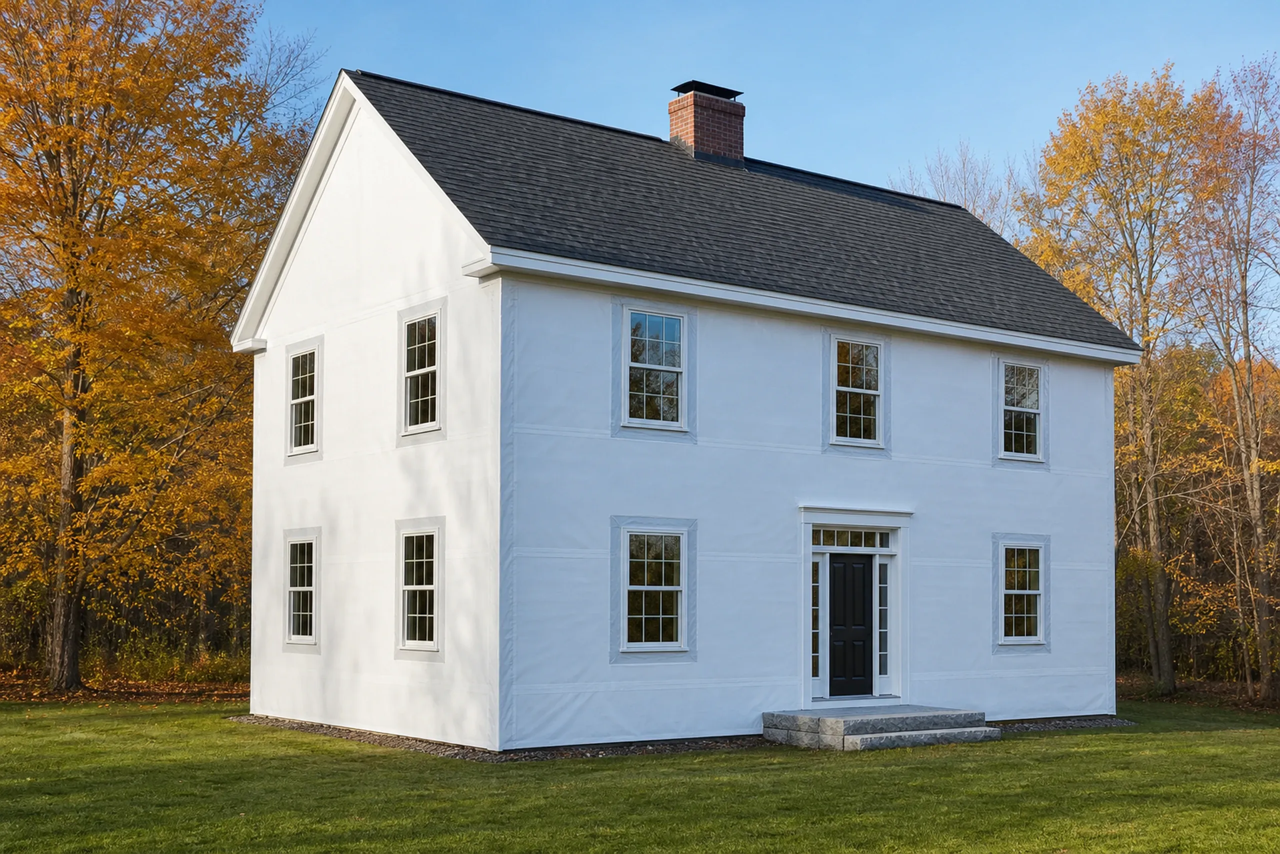Housewrap and window flashing in Southern Maine: A two-story New England colonial wall in-progress at the housewrap and window flashing stage, plain white housewrap pulled smooth across the sheathing with its seams taped, fresh flashing tape sealed around two window openings, maples turning gold beyond in cool October morning light.