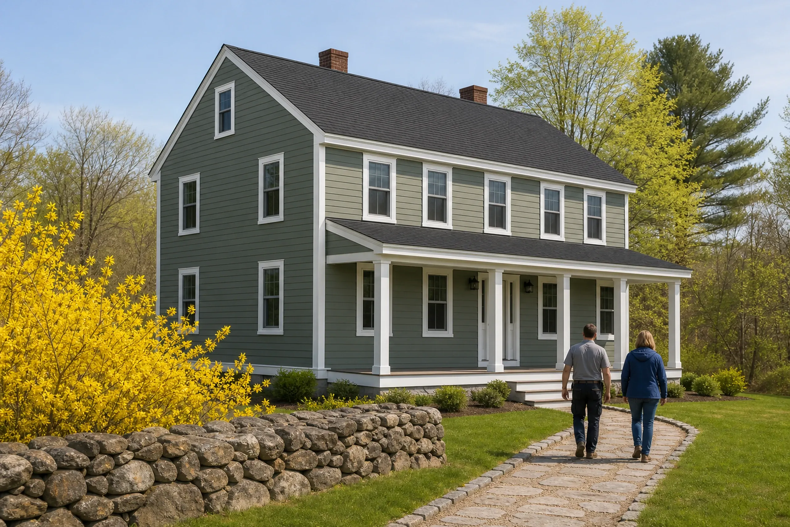 Southern Maine siding final walkaround at a farmhouse: On a clear late-spring morning, two people, a siding installer and a homeowner, seen from behind, walk slowly along the front of a re-sided farmhouse finished in deep sage fiber cement lap with white corner boards and trim, a stone wall and bright yellow forsythia beside the path.