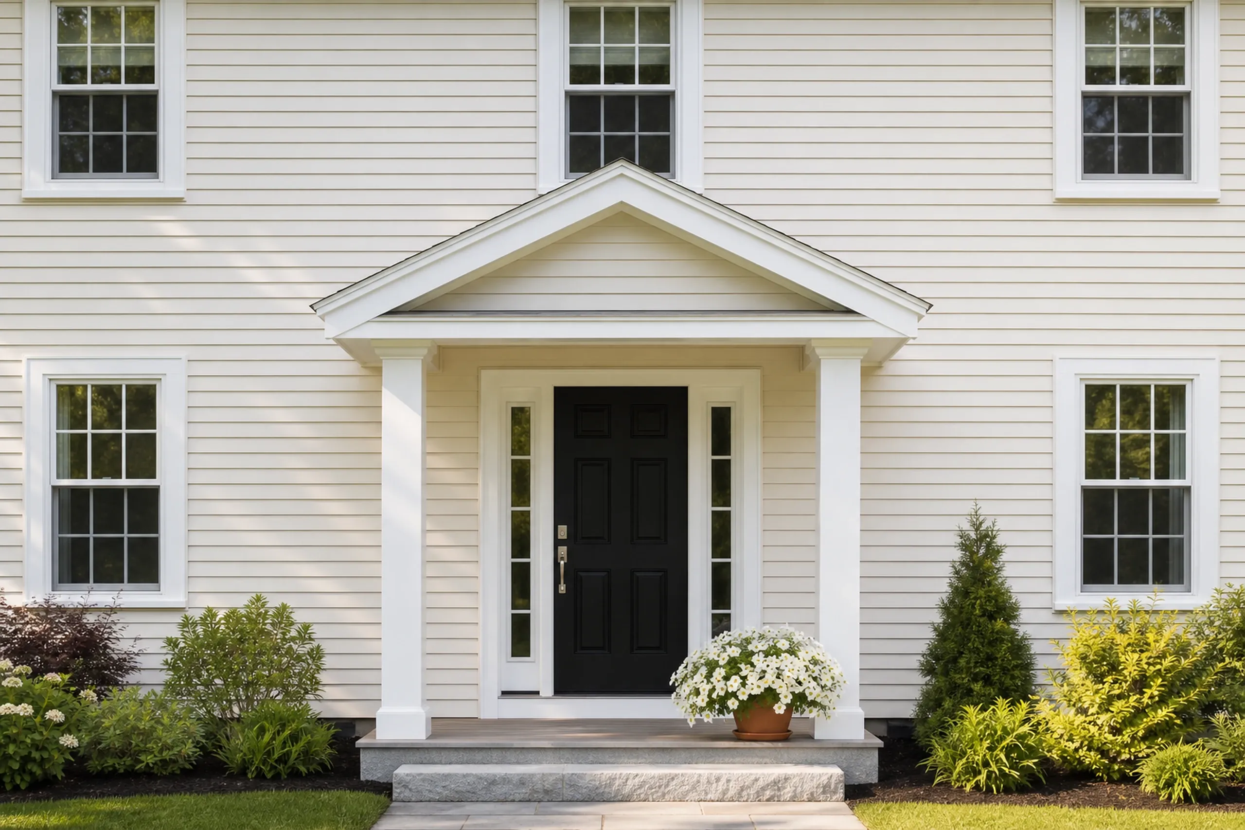 Southern Maine re-sided colonial front entry: The front entry of a re-sided center-entrance colonial, warm white vinyl lap siding around a black paneled door with two narrow sidelights, crisp white trim, one granite step and white petunias in a clay pot, bright early-summer afternoon light, seen straight on.
