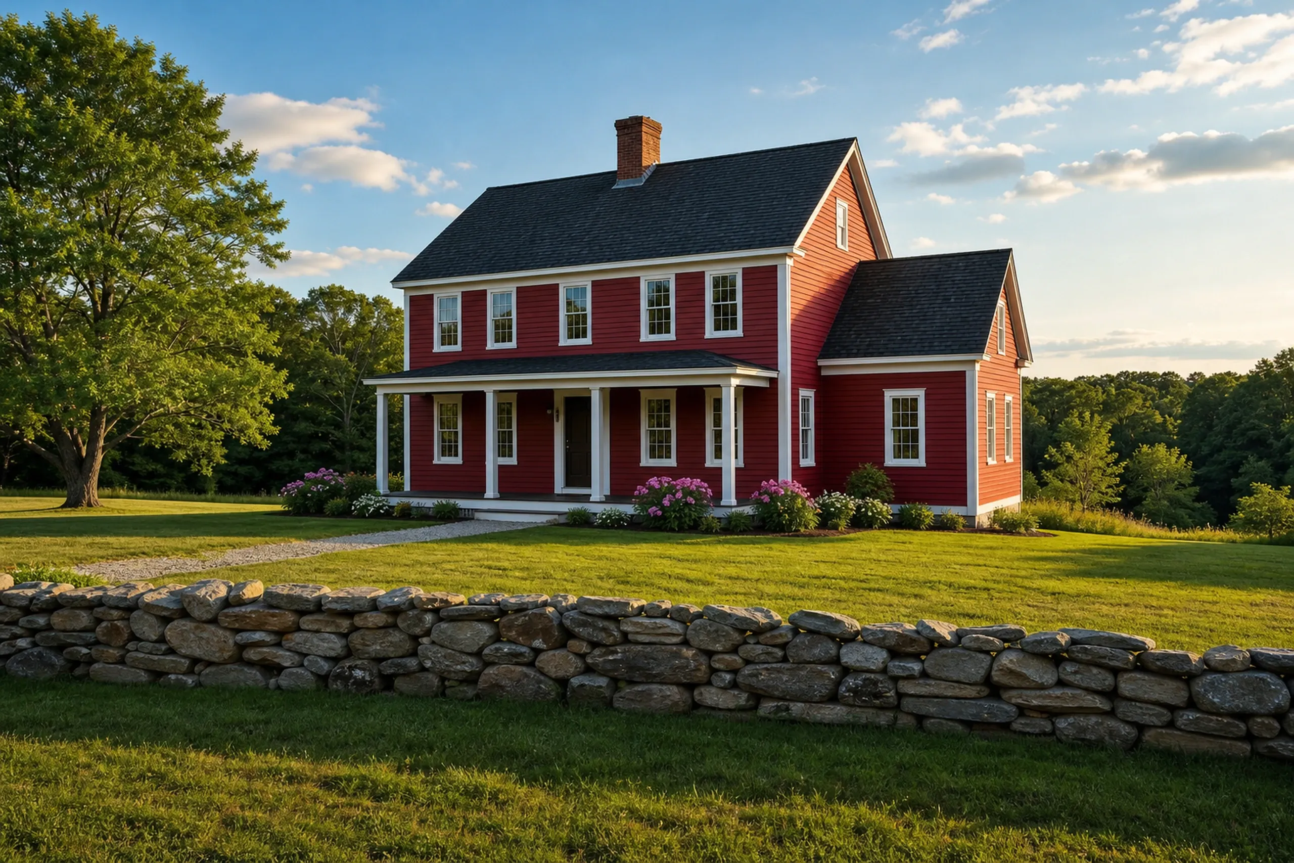 LP SmartSide siding in southern Maine: a two-story farmhouse-style colonial finished in new engineered wood lap siding painted barn red, with white trim and corner boards and a fieldstone wall in front, early summer.