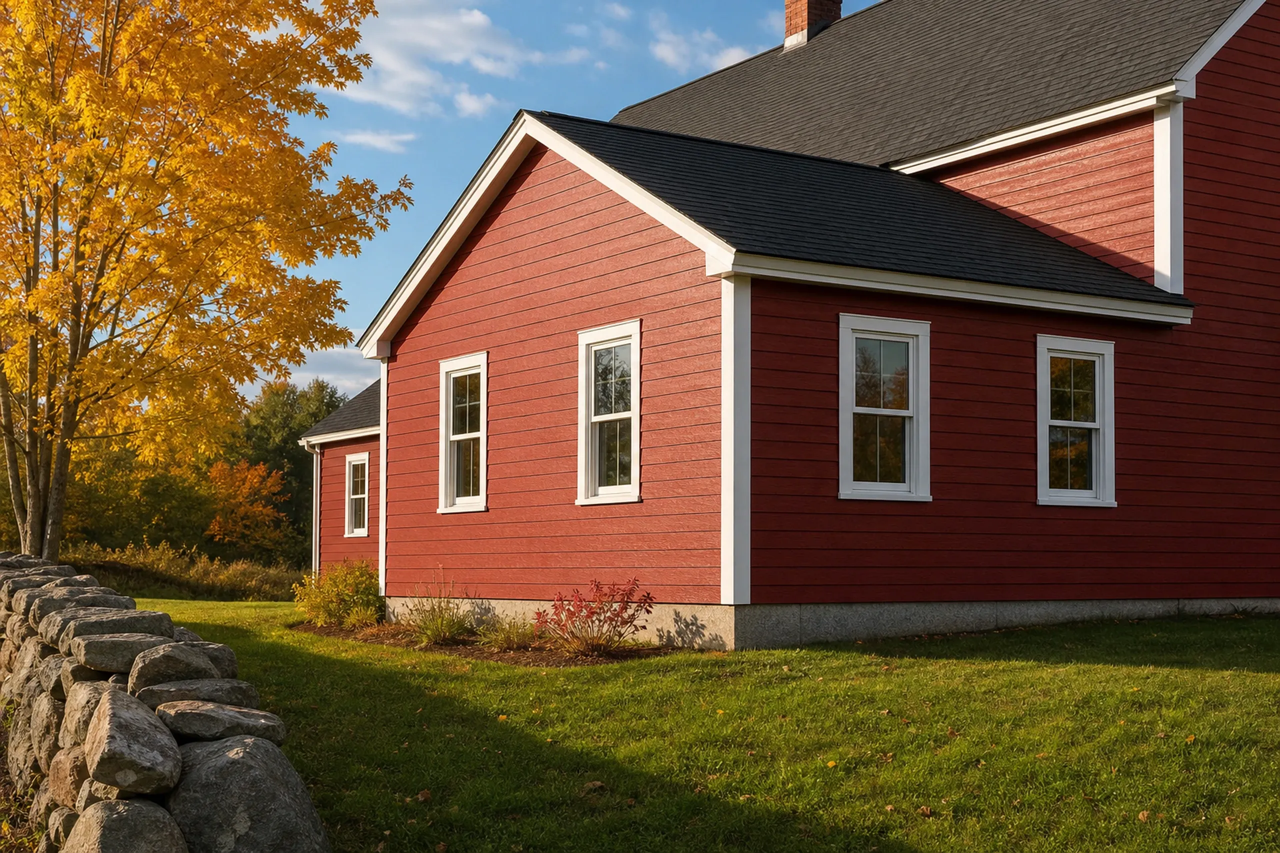 LP SmartSide cedar texture lap siding up close on a southern Maine farmhouse ell: painted barn-red engineered wood boards with an embossed wood-grain face, straight shadow lines and a white corner board, early fall light.