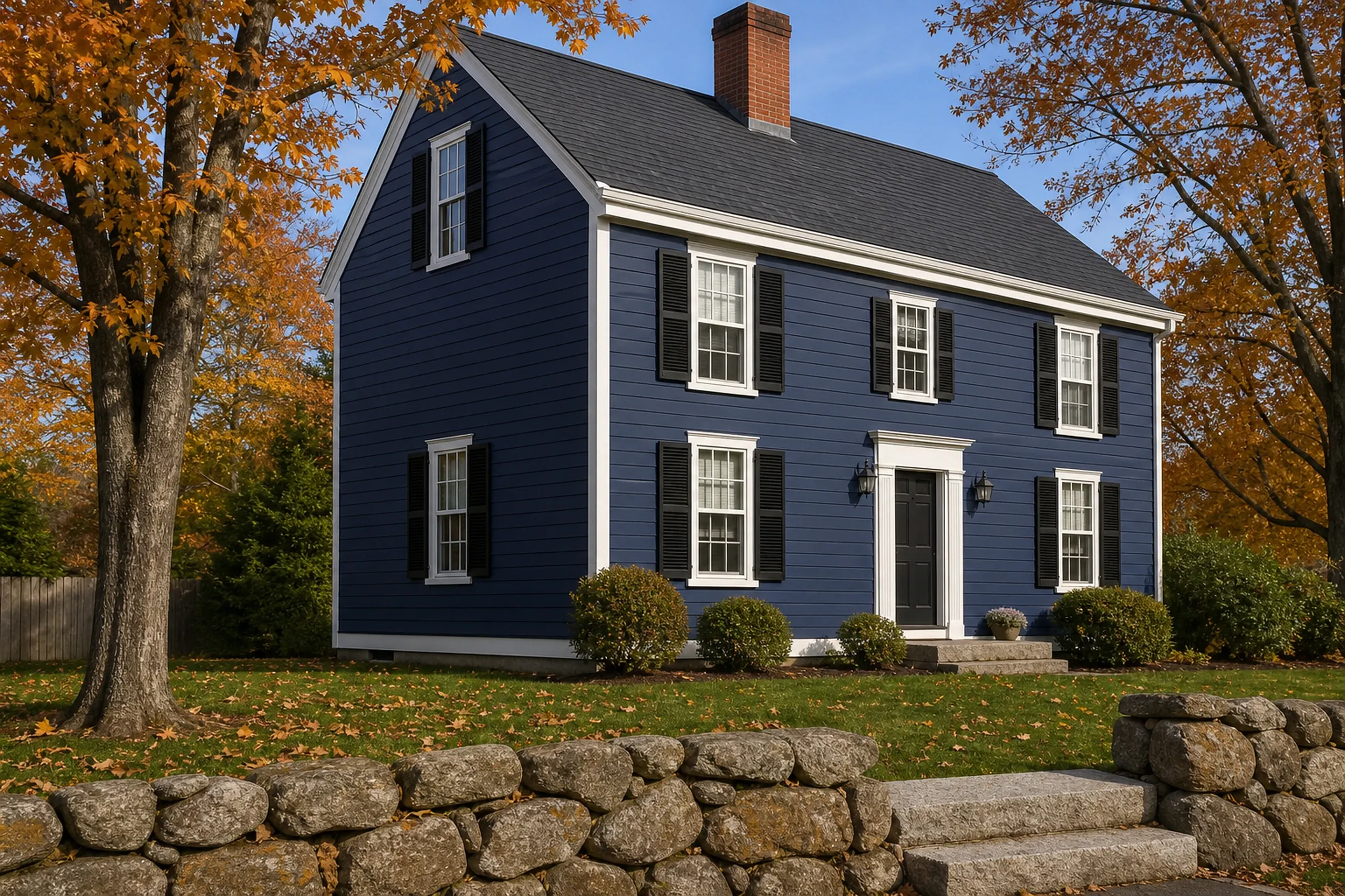 LP SmartSide siding on a two-story southern Maine colonial: finished lap boards painted navy blue with white trim, black shutters and a red brick chimney, maple trees turning orange in early fall.