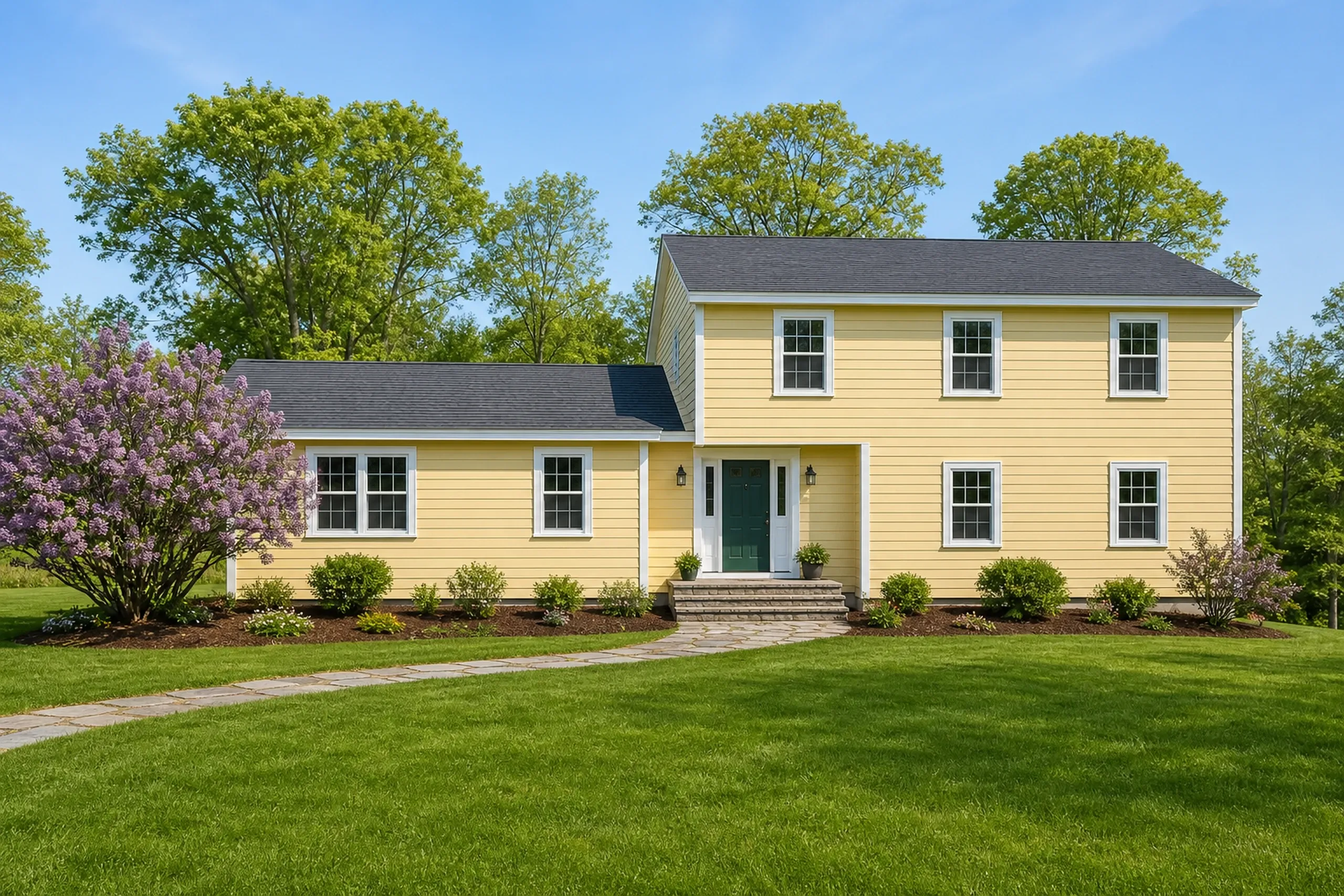 Southern Maine re-sided LP house in spring: A re-sided southern Maine split-level in late spring, butter-yellow painted LP lap siding with white trim and a dark green door, lilacs in bloom beside the lawn, mulched beds, a flagstone walk and fresh green maples under a soft morning sky.