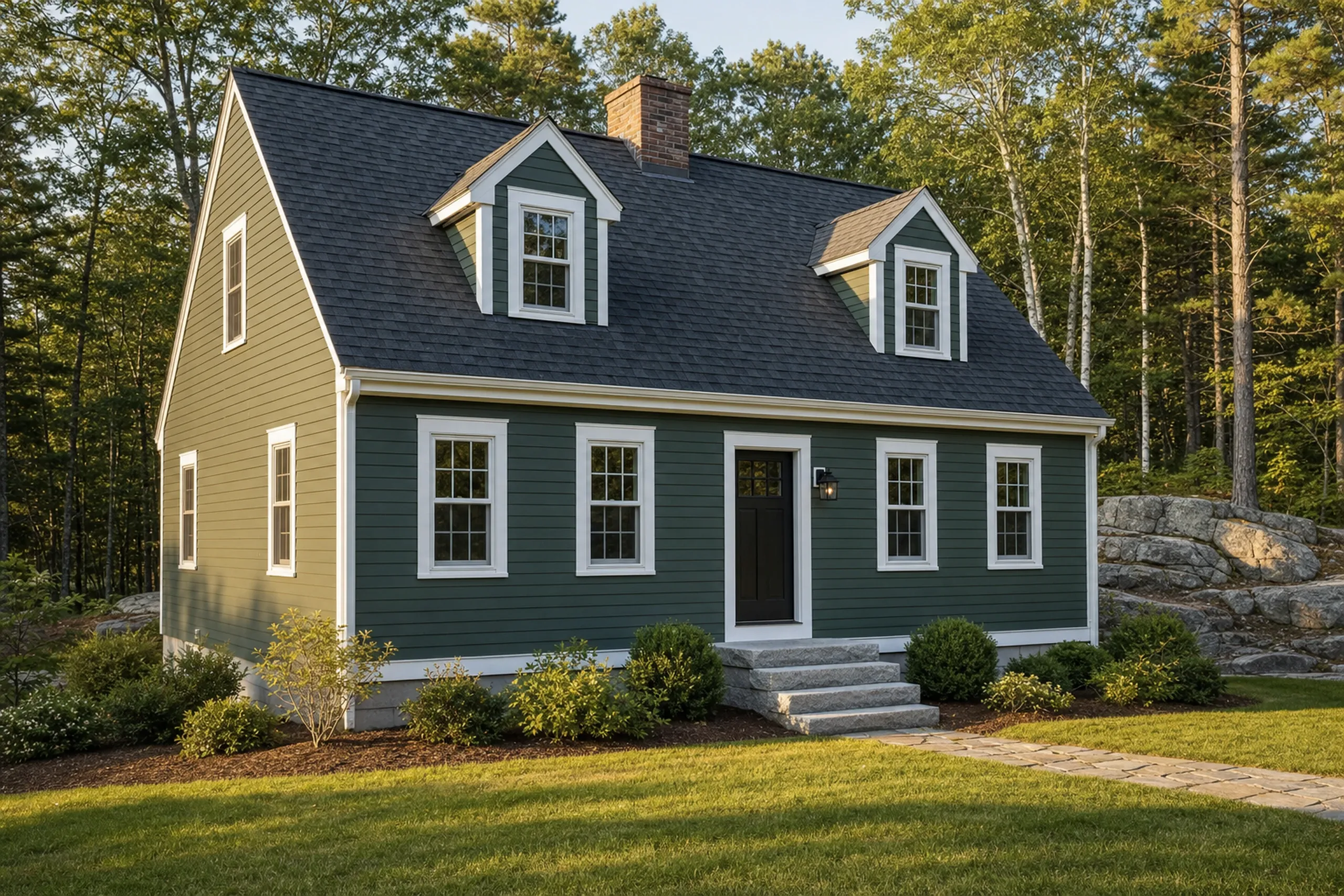LP siding on a southern Maine cape: finished engineered wood lap boards painted deep sage green with bright white corner trim and window surrounds, granite steps at the door and a mown lawn, early summer.