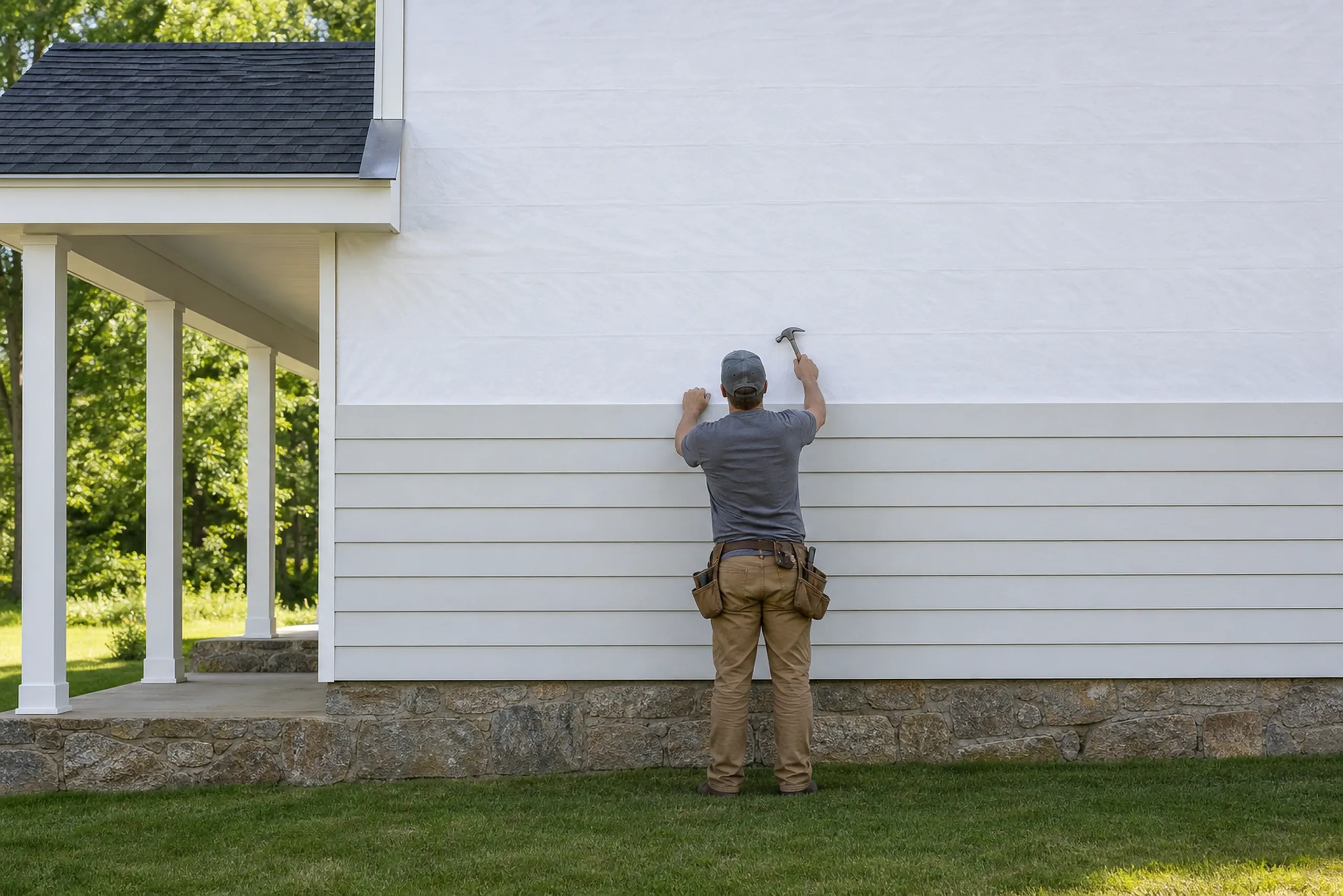 LP lap siding going on over housewrap: a single installer, back to the camera, nailing a primed engineered wood board to a cape sidewall wrapped in plain unmarked white housewrap, a metal kick-out flashing where the porch roof meets the wall, southern Maine summer.