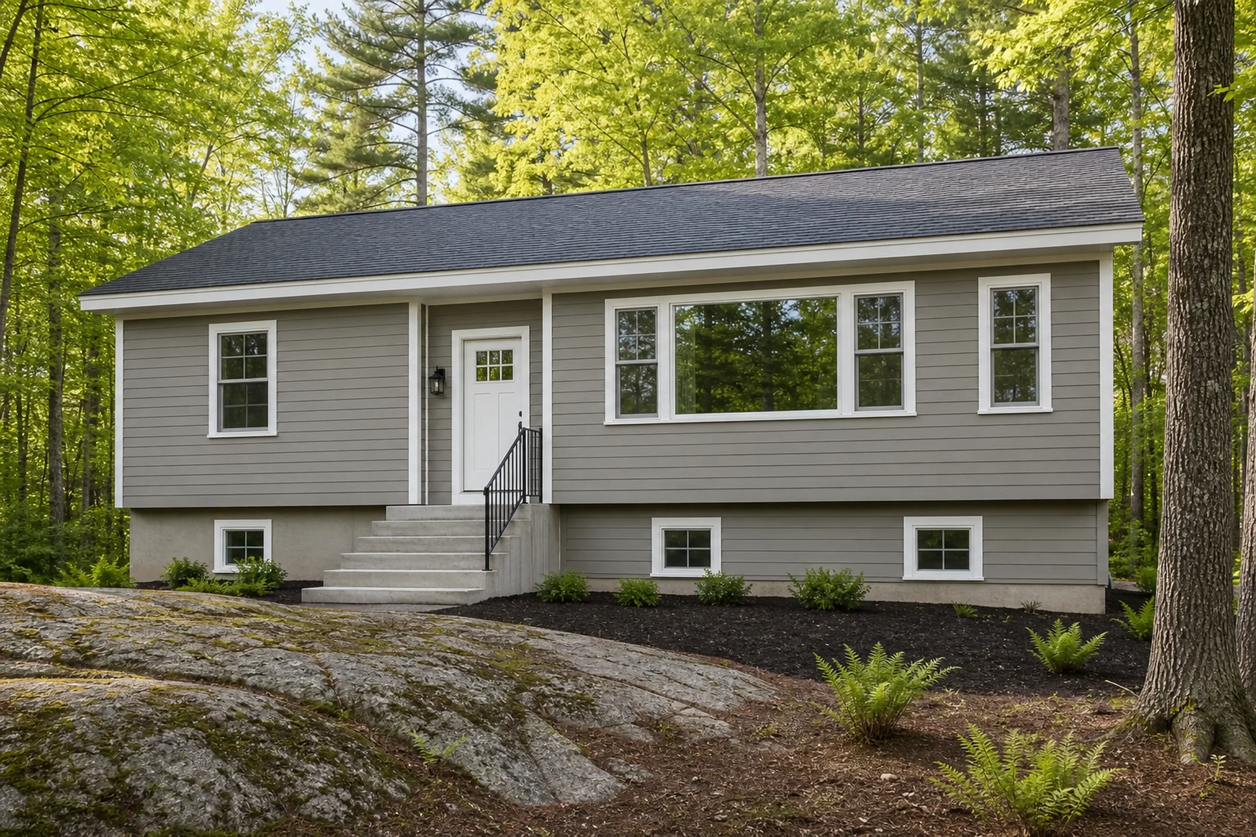 LP SmartSide lap siding on a raised ranch on a wooded southern Maine lot: freshly painted warm gray lap boards with white trim, a clear band of concrete foundation between the bottom course and the mulched bed, late spring.