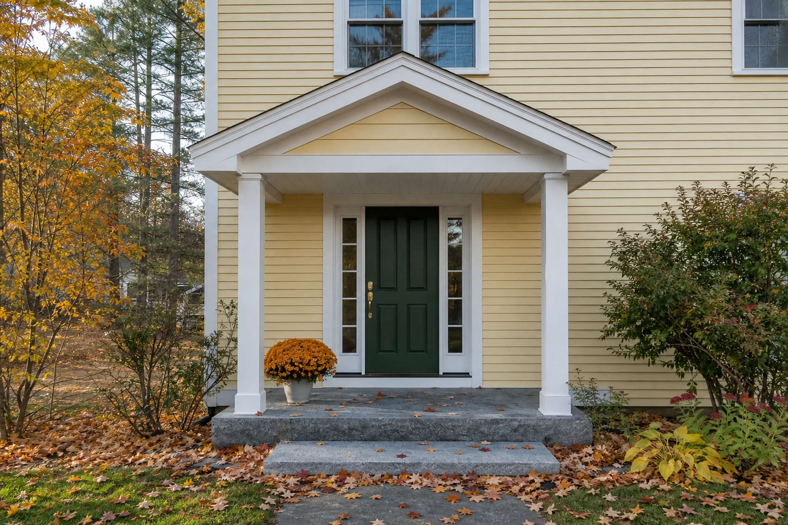 Southern Maine re-sided LP front entry: Front entry of a re-sided southern Maine split-level in October, shot vertically, a dark green door with two sidelights, a broad granite landing, butter-yellow LP lap siding and white trim around the entry, a pot of orange mums and fallen maple leaves.