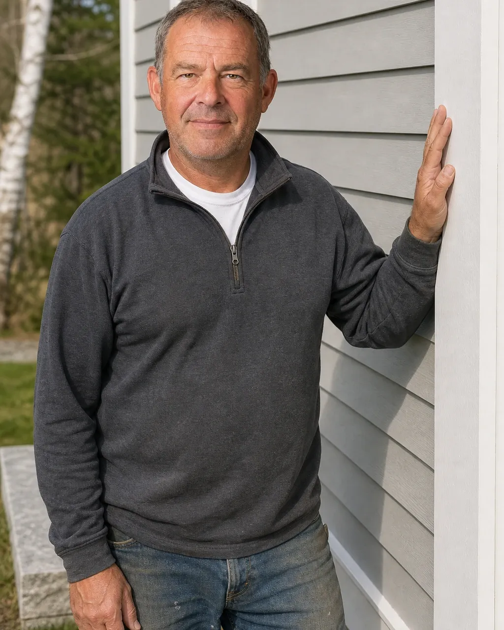 Jeff Wentworth, owner of Southern Maine Siding, in a plain charcoal quarter-zip pullover, standing beside the outside corner of a freshly re-sided colonial, its new lap siding a light warm gray against white trim