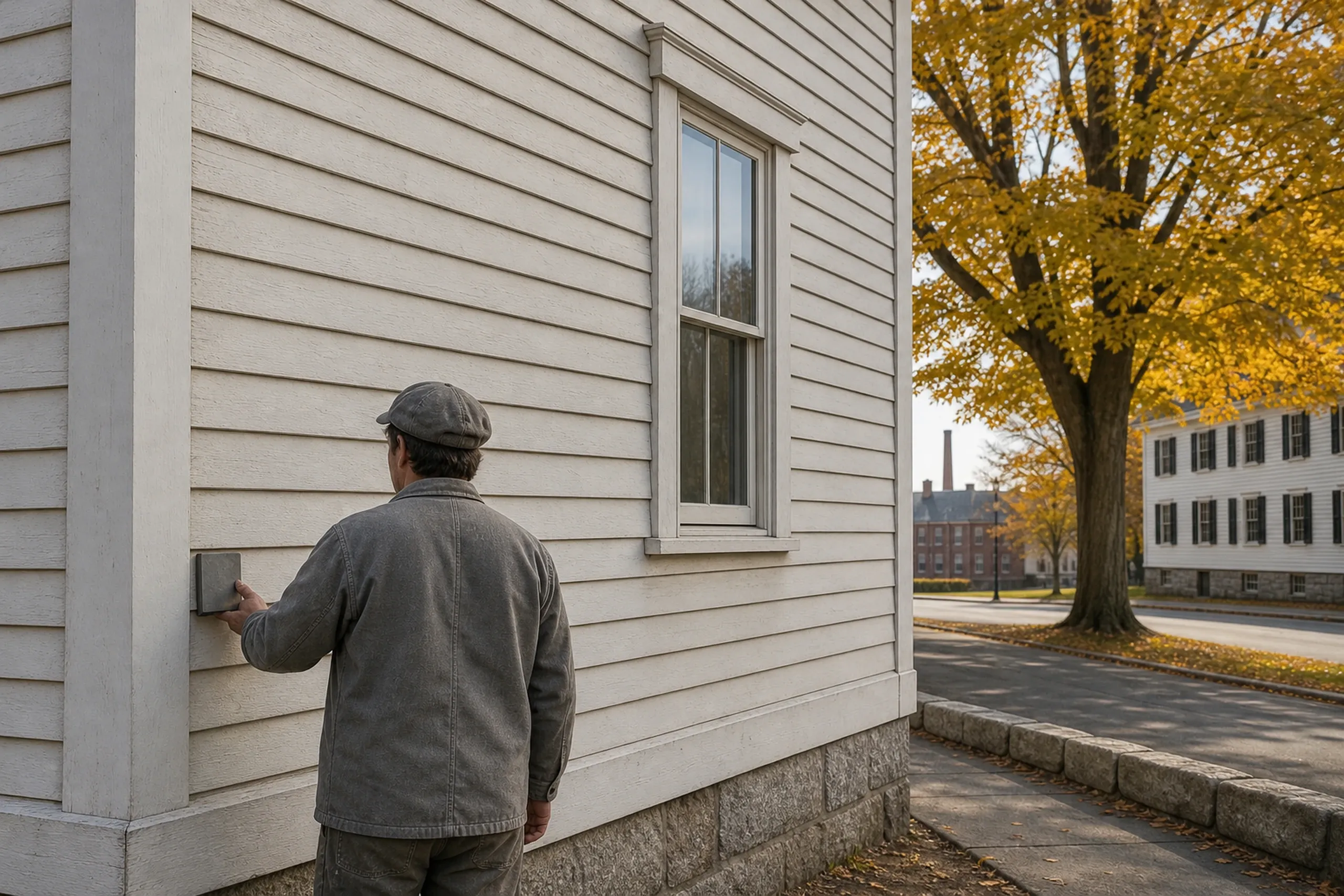 Biddeford wall check: one installer seen from behind measuring the exposure of old painted clapboards beside a window on an 1800s frame house, early fall light