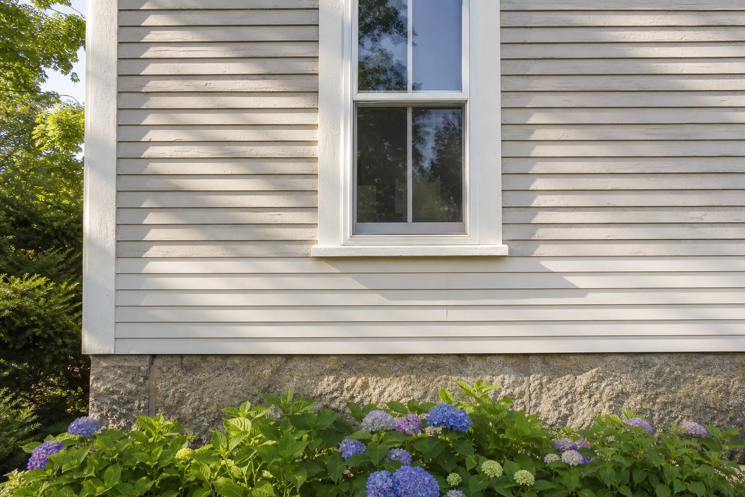 Siding repair in Biddeford, ME: a section of new painted wood clapboards blended into an old clapboard wall below a window, the same narrow exposure, midsummer