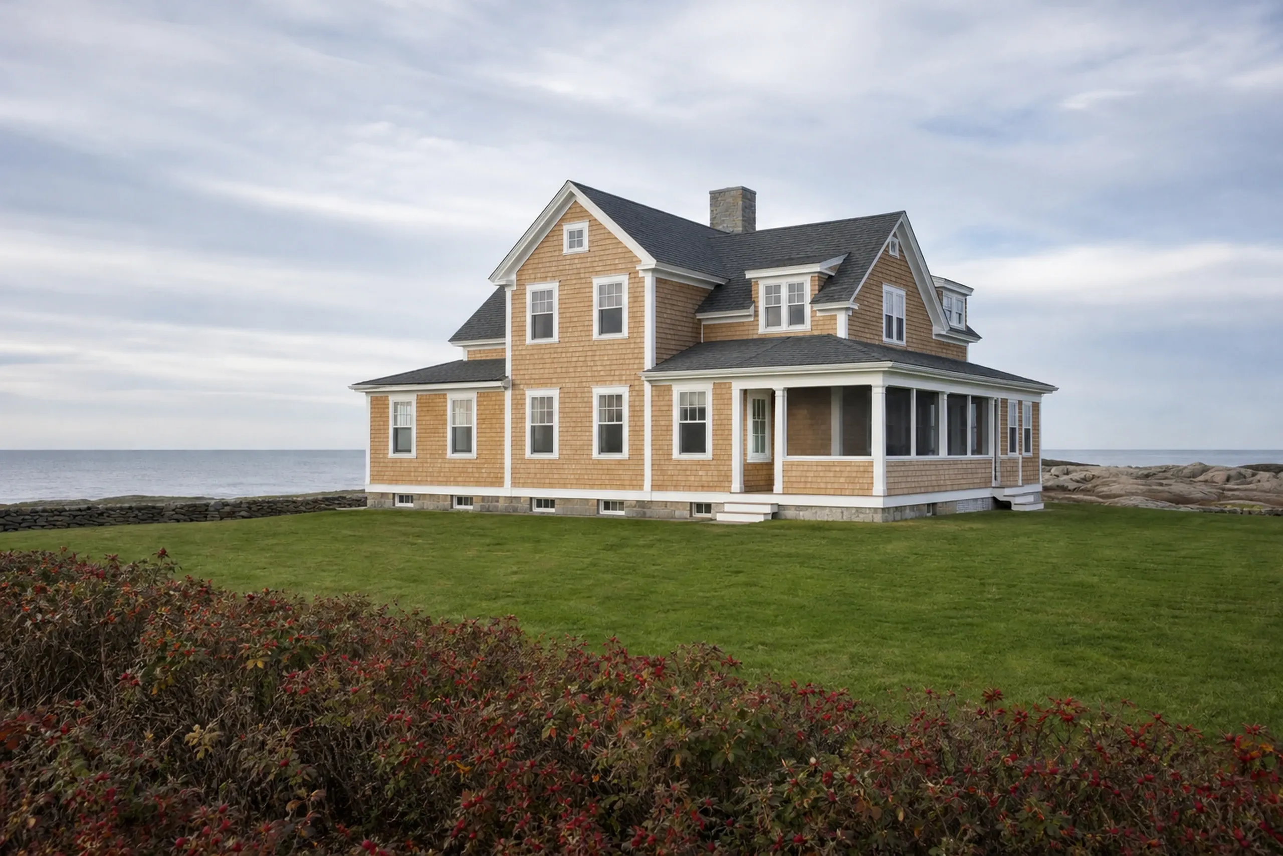 Biddeford Fortunes Rocks beach house after re-siding: A re-sided Fortunes Rocks beach house in new cedar shingles beginning to silver, with white trim and corner boards, a screened porch, a lawn edged with beach roses gone to red hips and a stretch of gray sea beyond, cool clear October morning light.